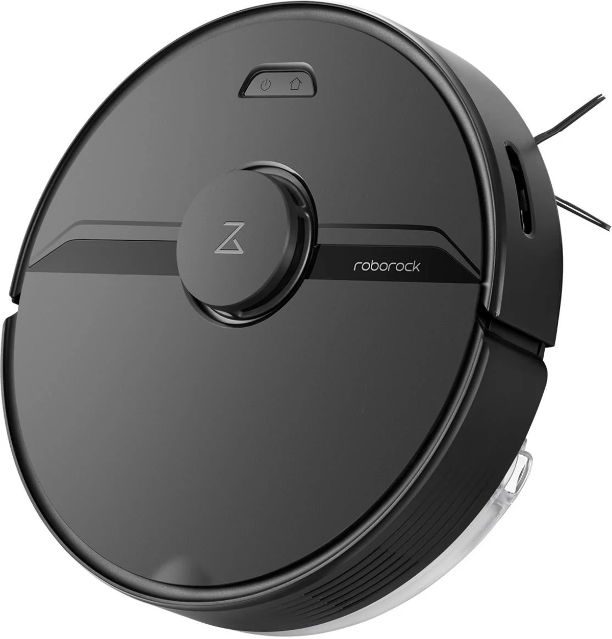 Czarny, okrągły robot sprzątający. Ma logo 'roborock'.