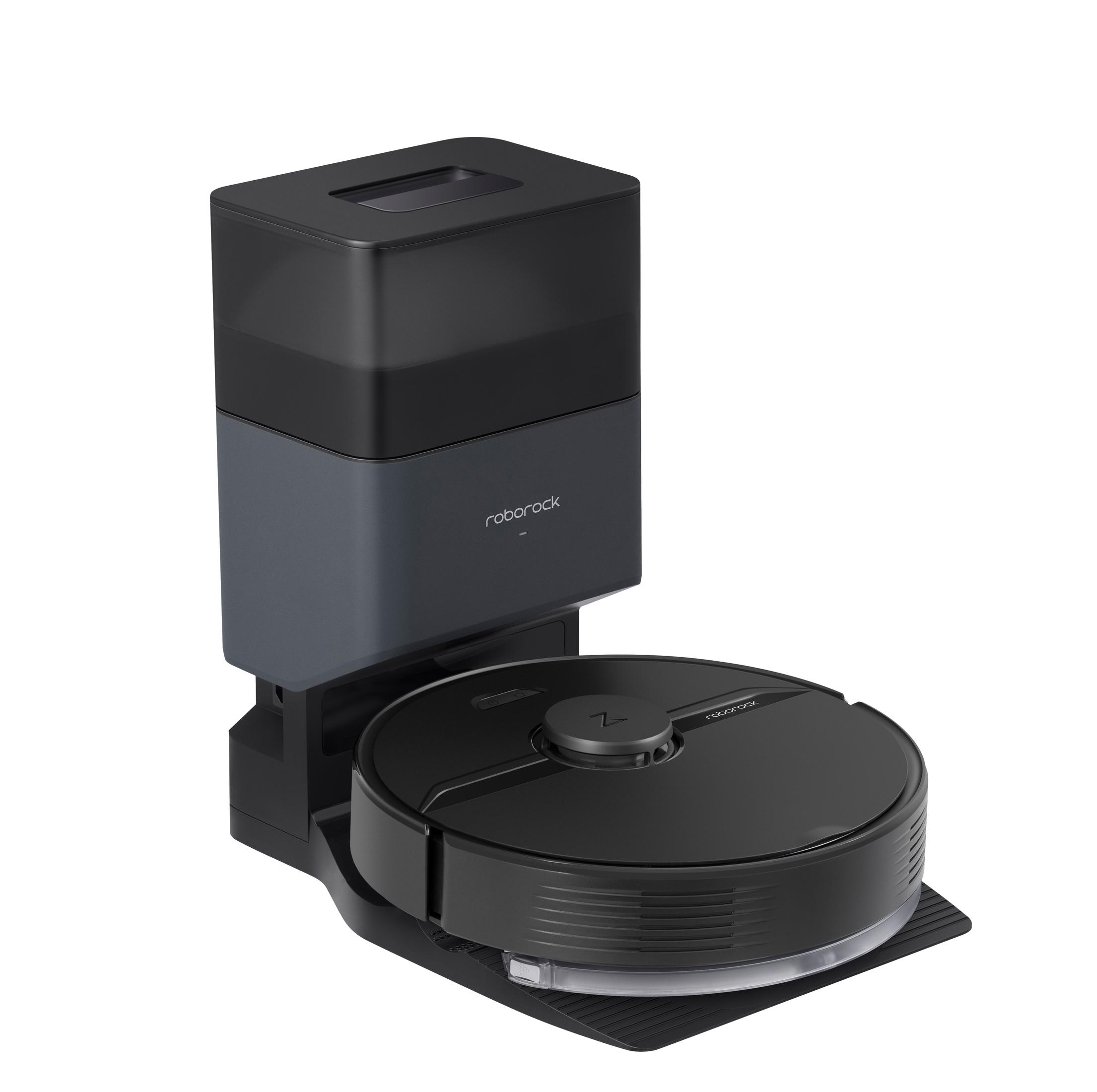 Czarny i szary odkurzacz robot z bazą ładującą.