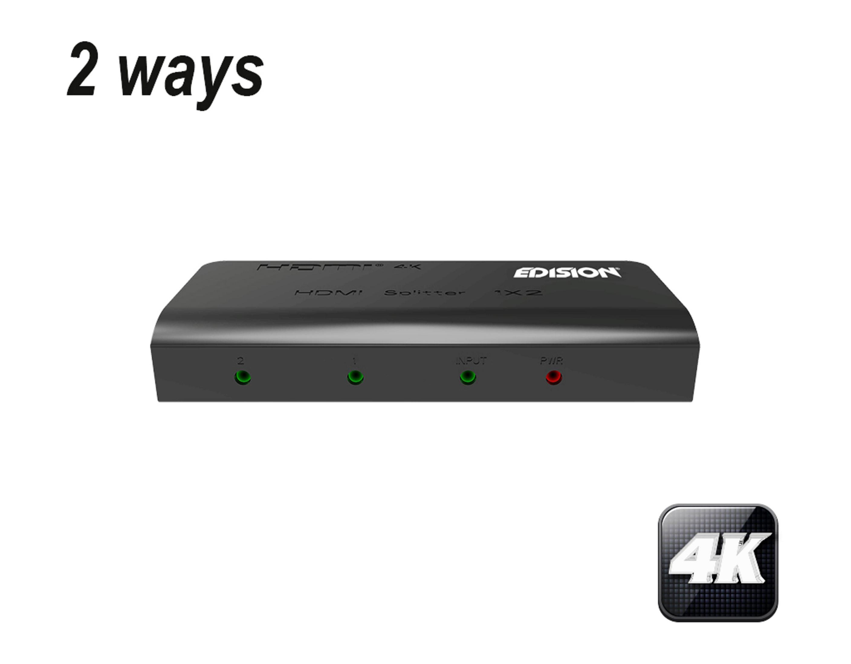 Ein schwarzer HDMI-Splitter mit Eingangs-, Ausgangs- und Stromanschlüssen. Der Text '2 Wege' steht darüber.