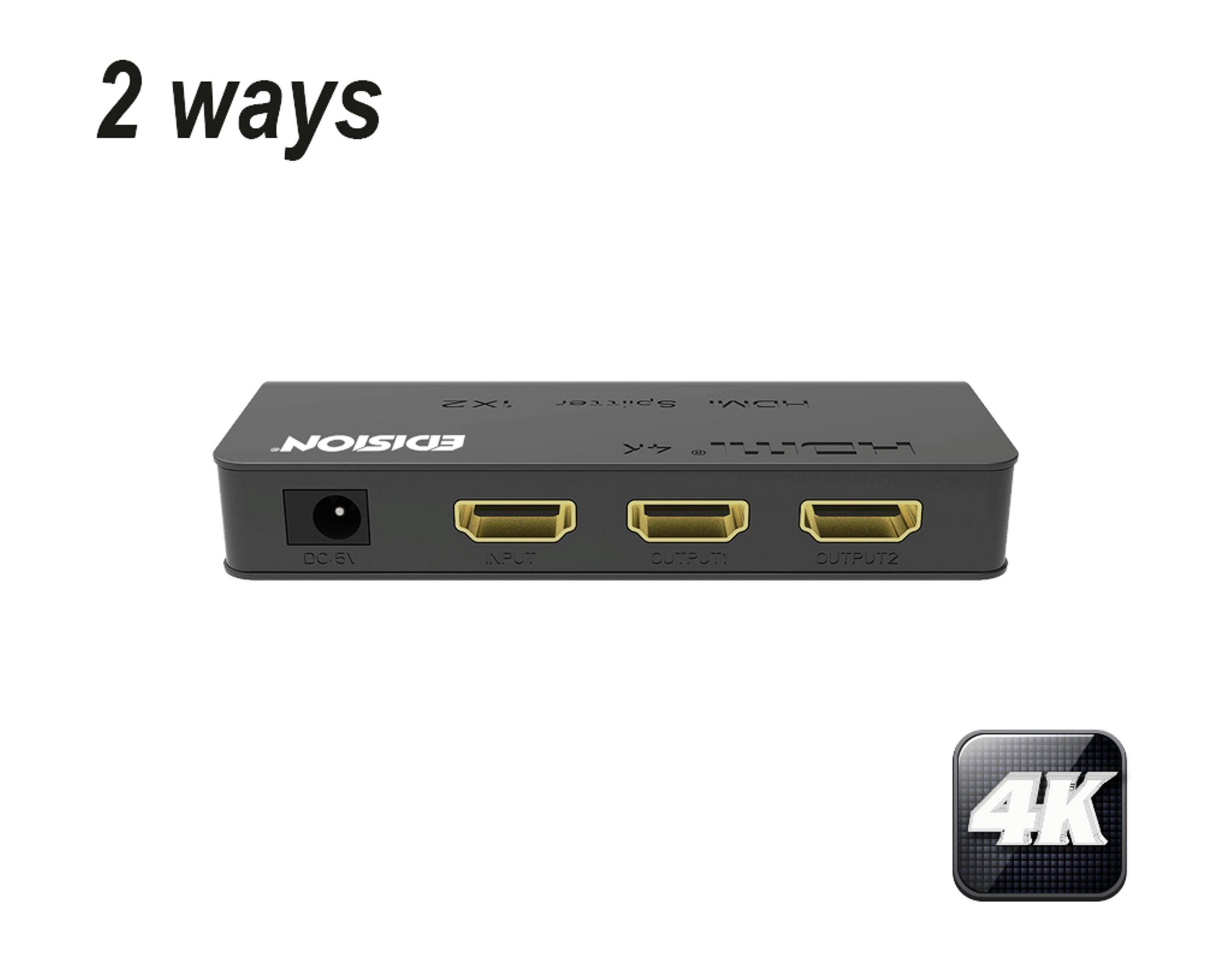 Schwarzer HDMI-Splitter mit drei Anschlüssen, beschriftet: Input, Output1, Output2. Text: 2 Wege, 4K-Logo.