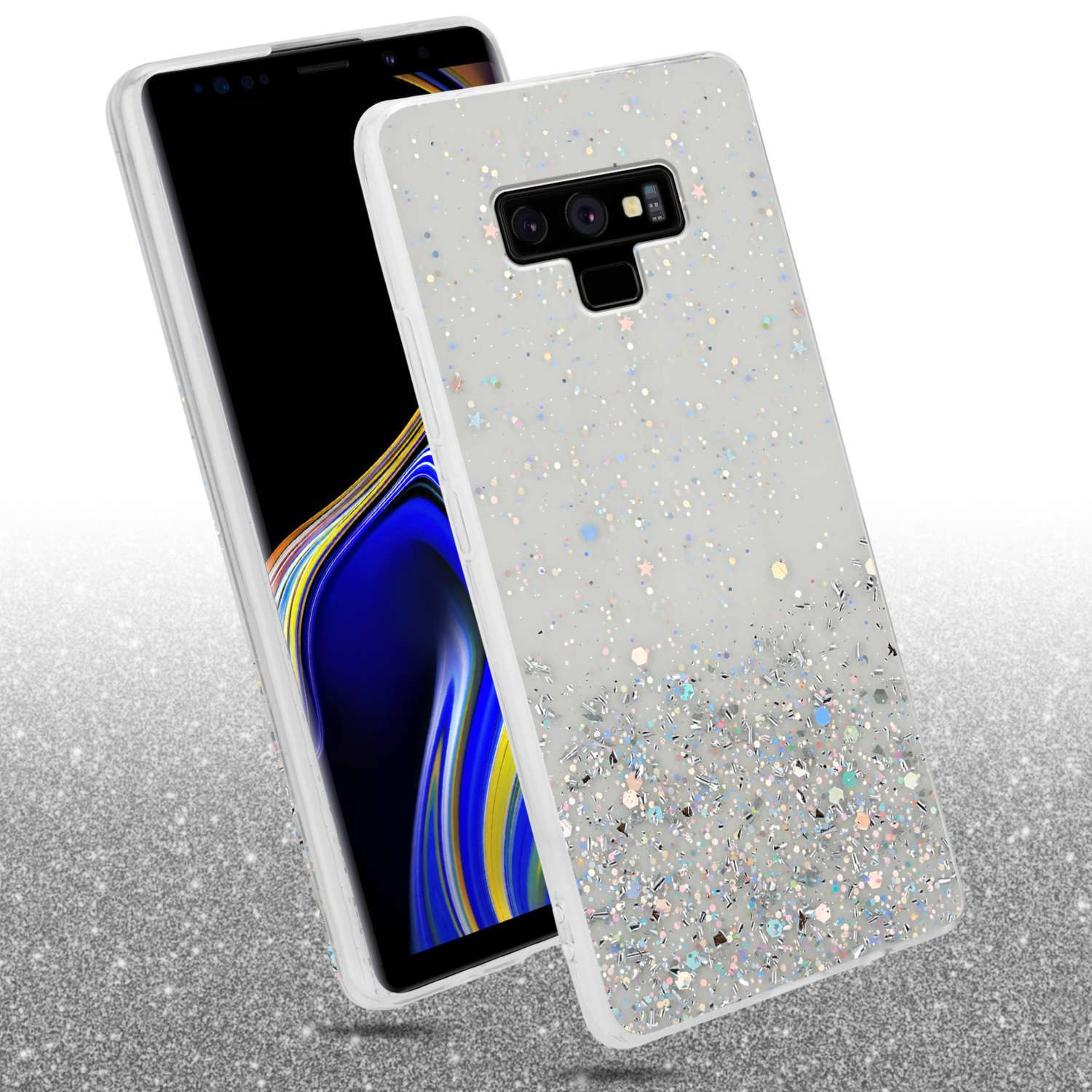 Handyhülle mit weißem Glitzerdesign. Das Telefon befindet sich hinter der Hülle und ist schwarz.