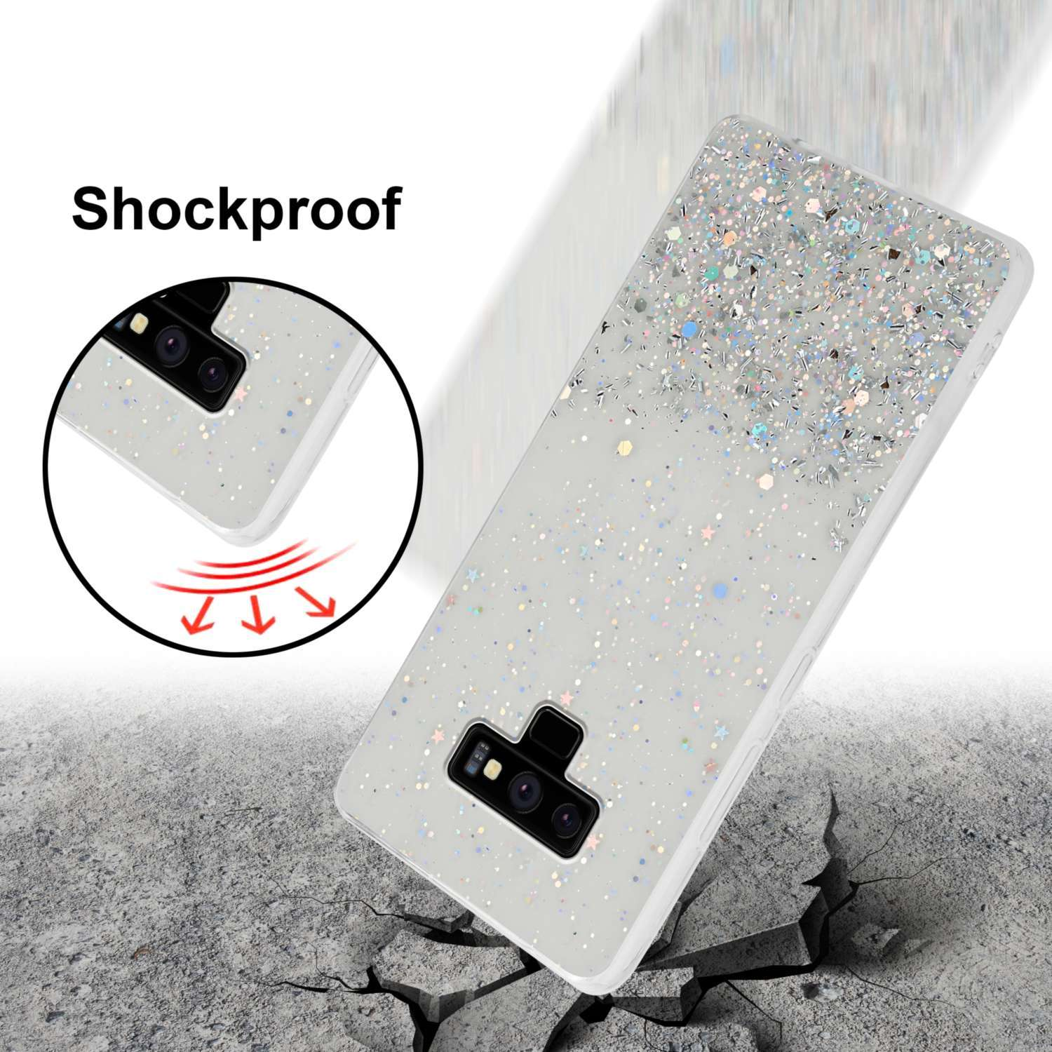 Eine Handyhülle mit Glitzer. Sie liegt auf einer Oberfläche mit einem Riss und dem Wort stoßfest.
