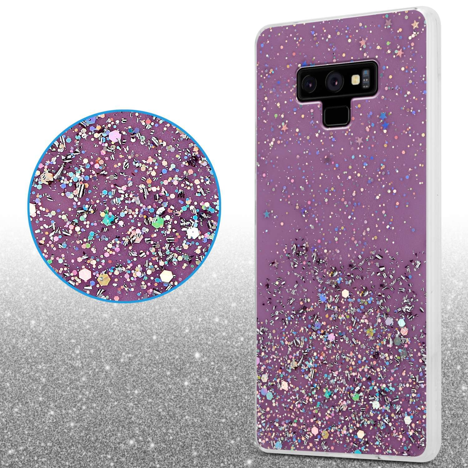 Handyhülle mit Glitzer, lila Hintergrund und Nahaufnahme-Glitzerdetail.