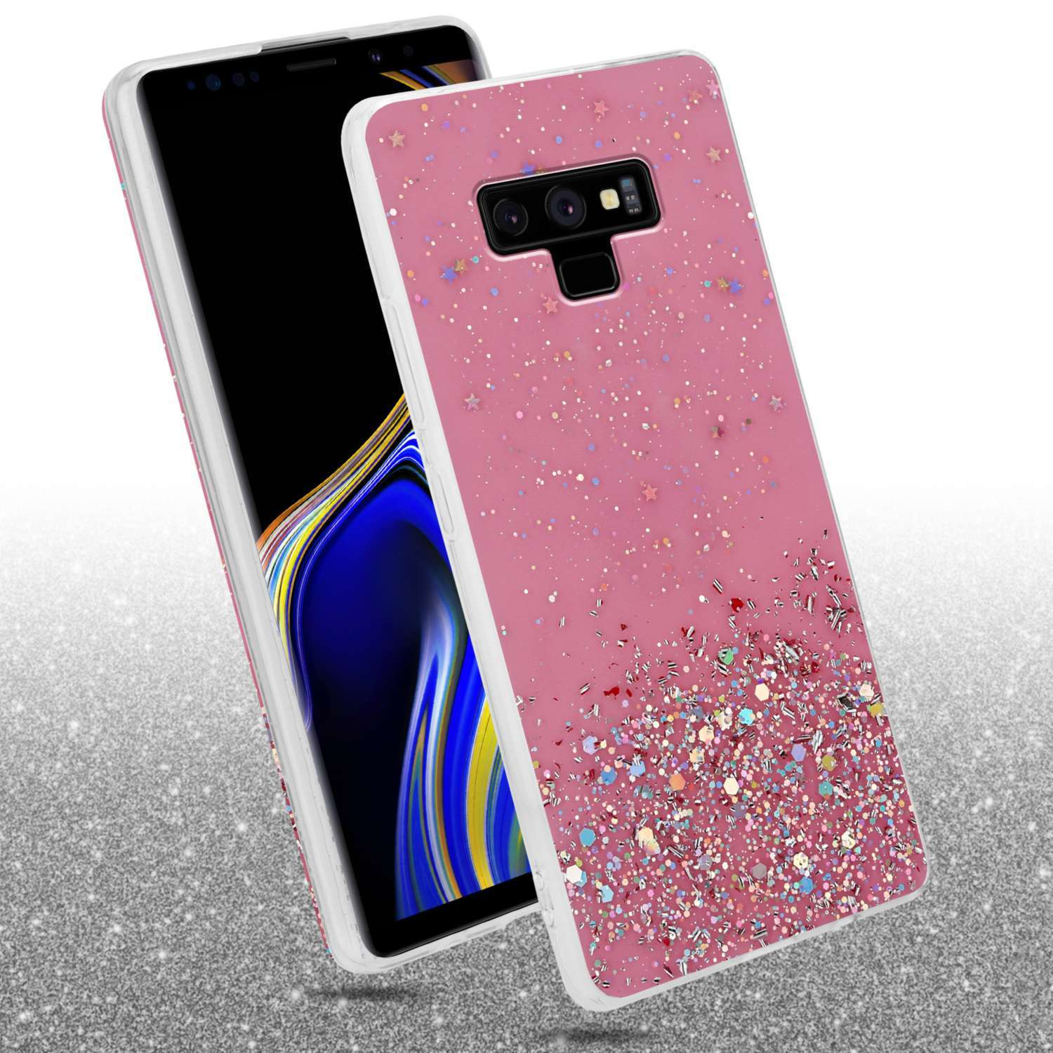 Rosa Glitzer-Handyhülle mit einem Handy darin, mit einem glitzernden Hintergrund. Die Hülle hat Sterne und Glitzer.
