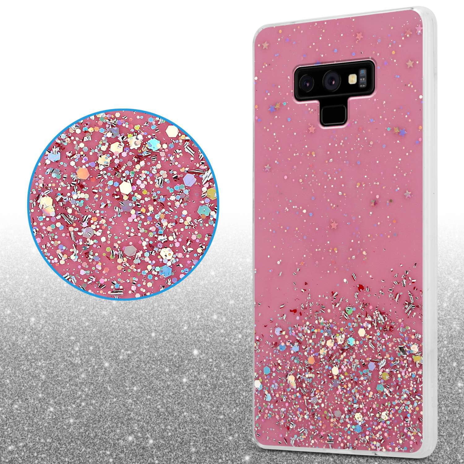 Rosa Handyhülle mit Glitzer. Eine Nahaufnahme von Glitzer wird ebenfalls gezeigt.