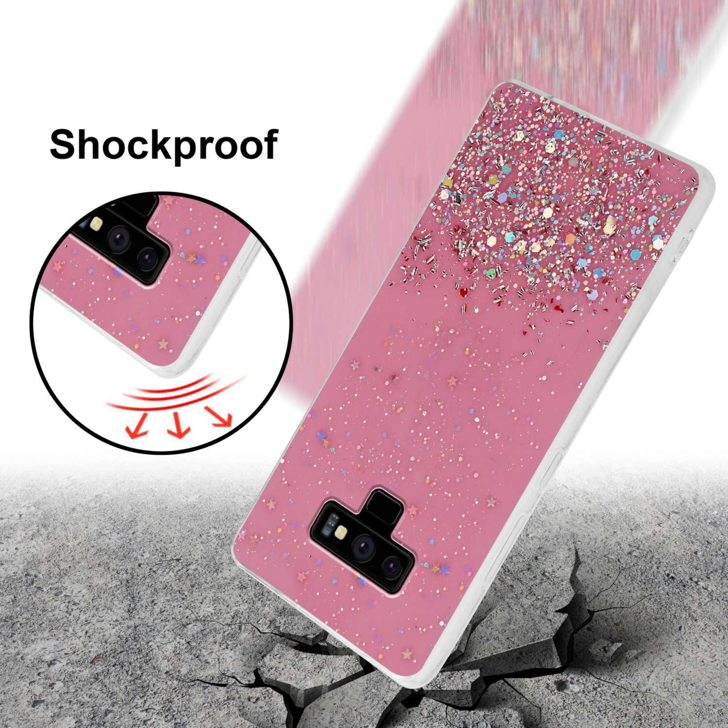 Pink glitzernde Handyhülle. Die Hülle ist stoßfest und fällt auf eine gerissene Betonoberfläche.