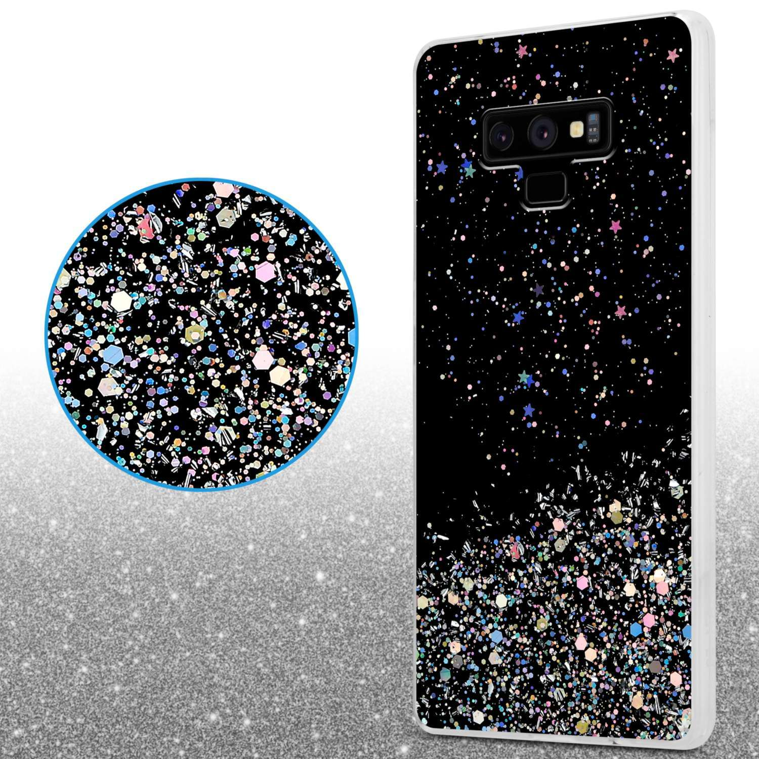 Handyhülle mit Glitzerdesign. Schwarzer Hintergrund mit buntem Glitzer, mit Nahaufnahme.