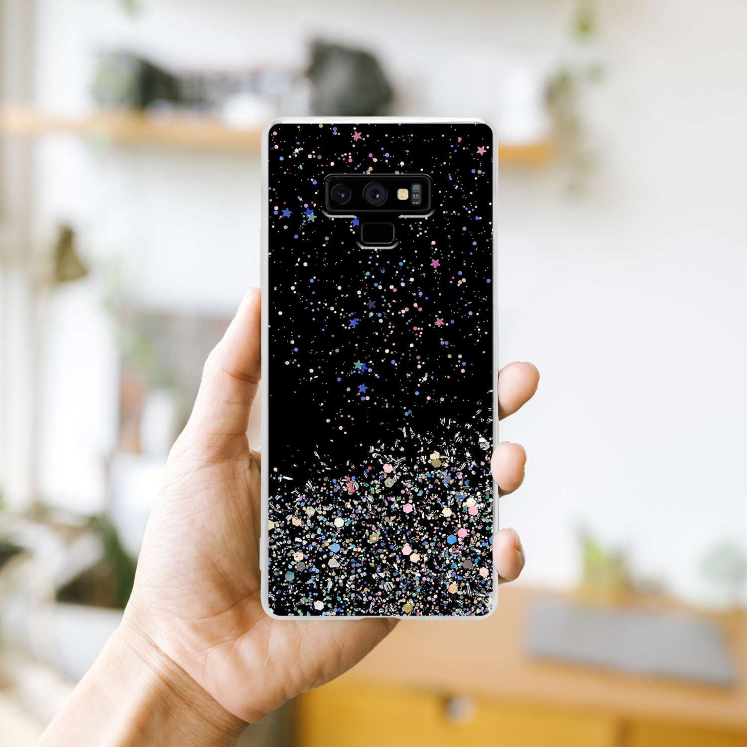 CADORABO Schutzhülle Glitter Galaxy mit funkelnden NOTE 9, Schwarz Backcover, mit Glitter, Samsung