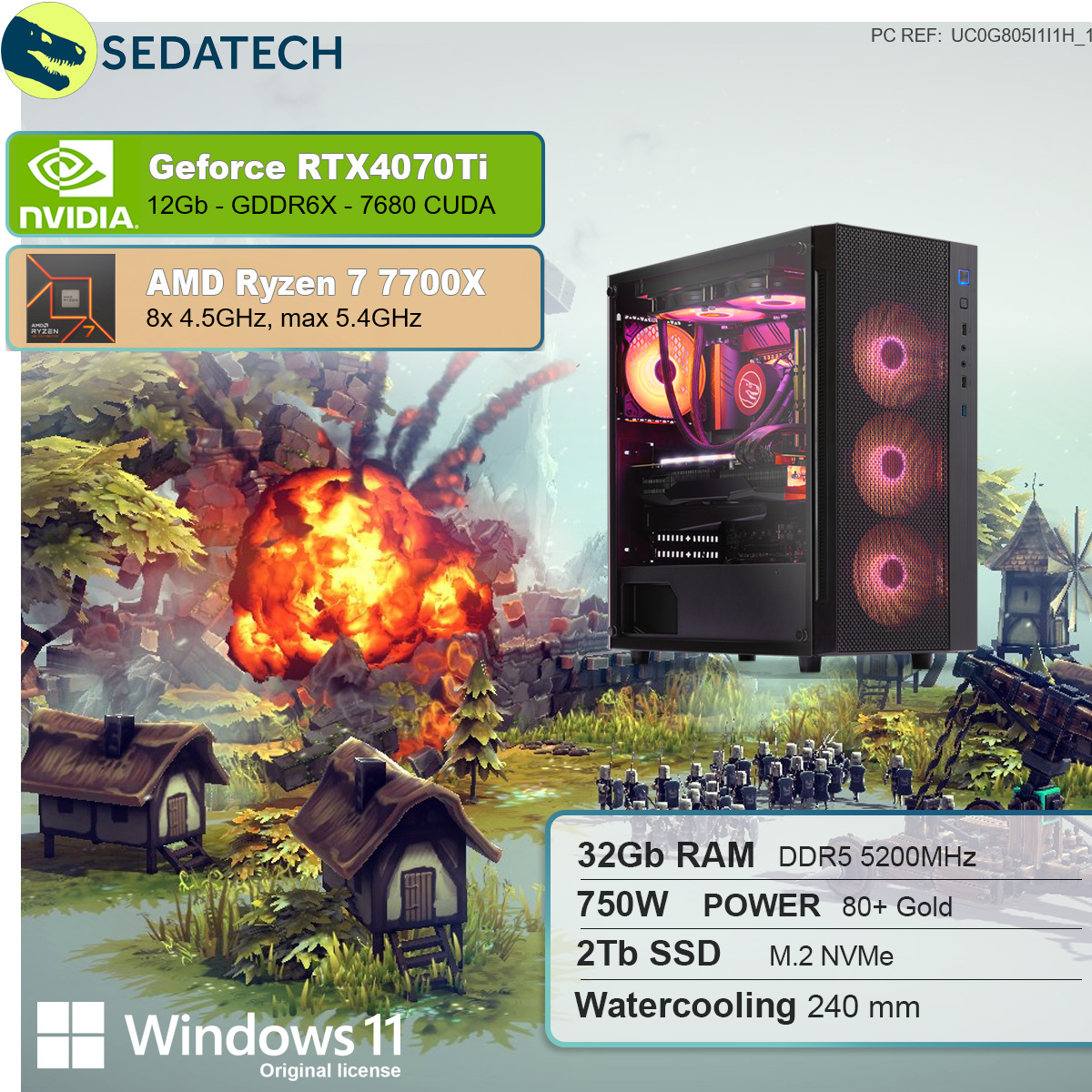 GB NVIDIA 32 GeForce GB Ti, mit Ryzen RTX™ AMD Windows Home 12 mehrsprachig, 2000 PC RAM, Ryzen™ SSD, mit 4070 11 7 7 Prozessor, SEDATECH AMD 7700X Gaming GB Wasserkühlung,