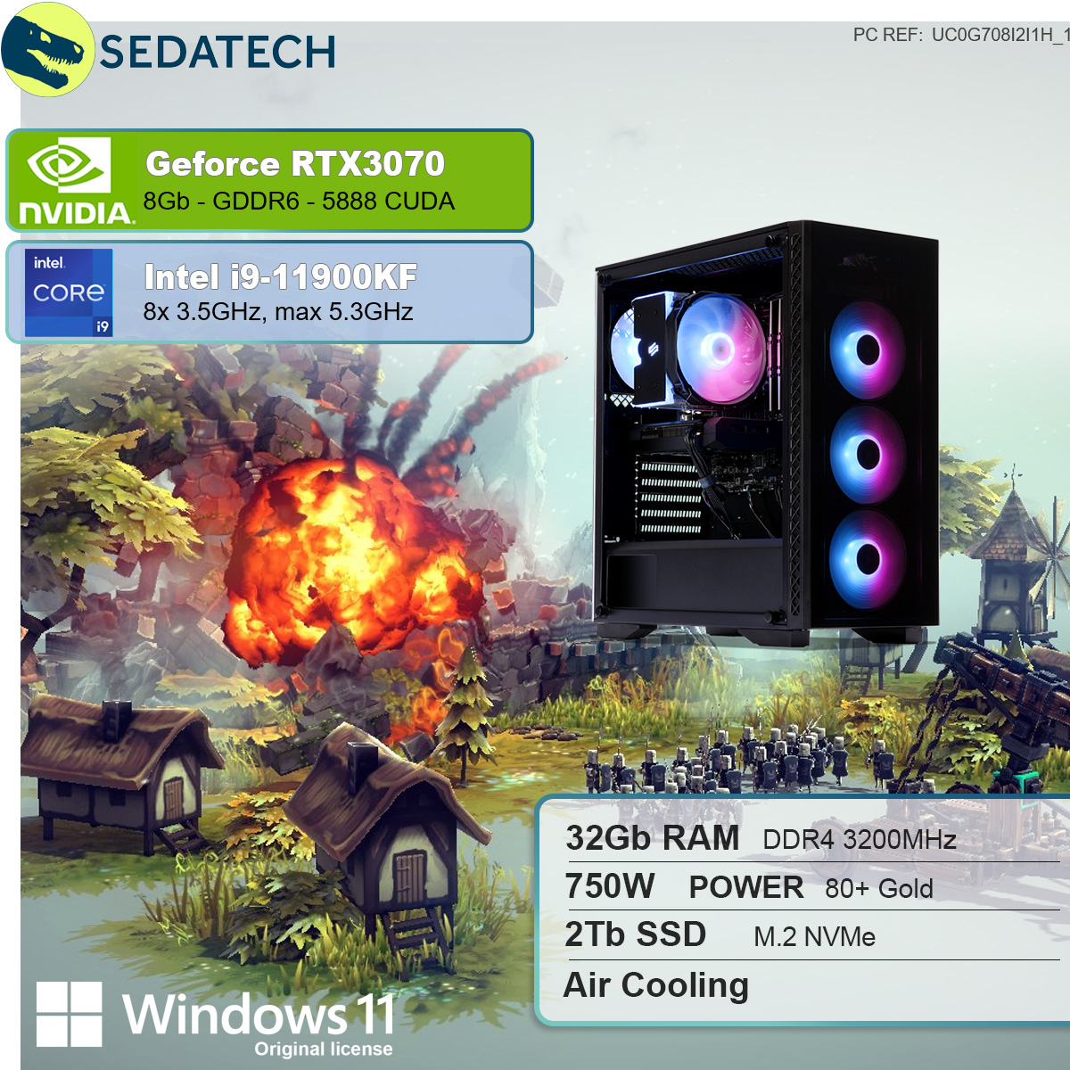 SEDATECH Intel SSD, PC Windows mehrsprachig, 32 GB 2000 Home 8 RAM, i9-11900KF, 11 Gaming Core™ i9 Prozessor, GB 3070, GB mit GeForce NVIDIA Intel® RTX™