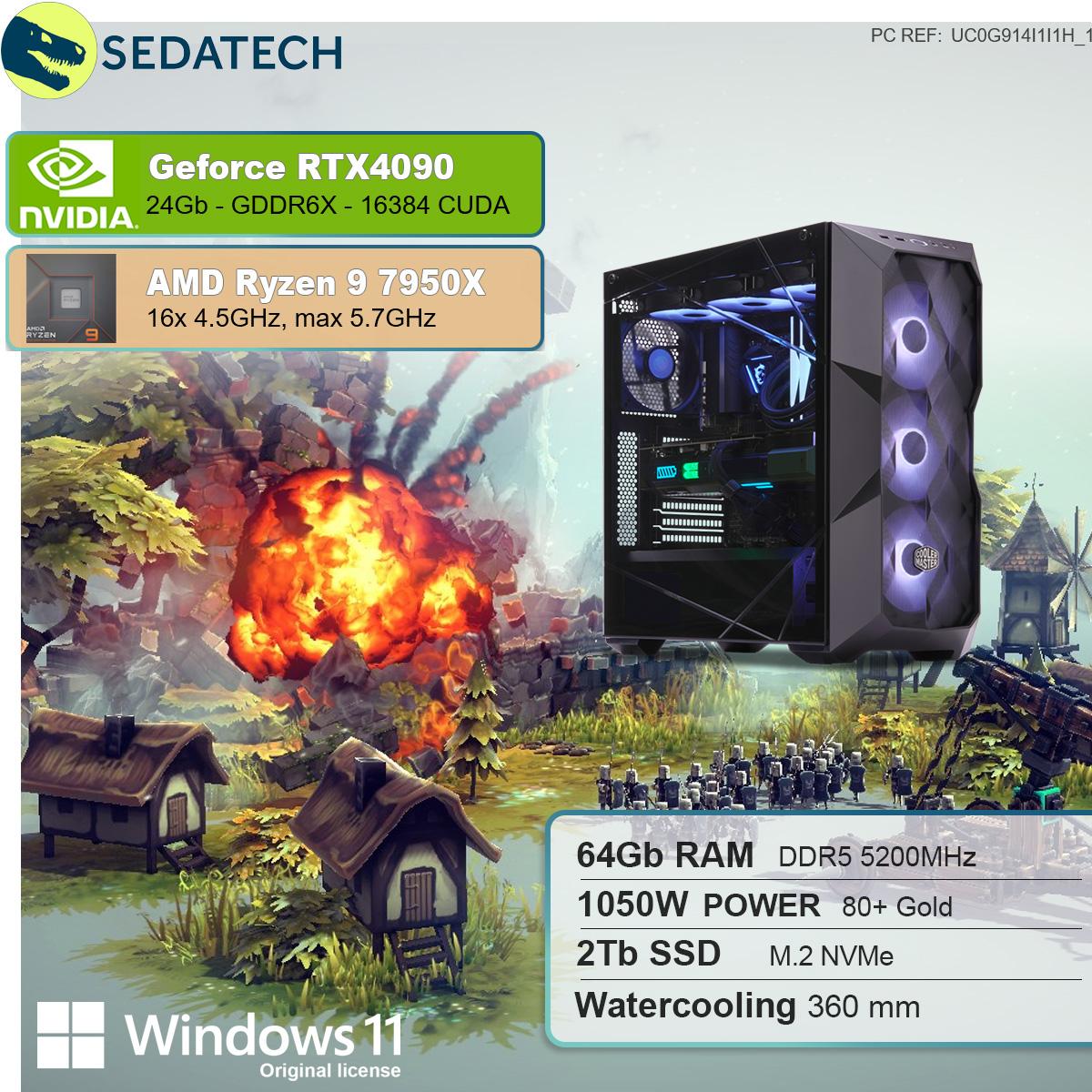SEDATECH AMD Ryzen 9 Ryzen™ Windows PC Home GB NVIDIA GB 64 mehrsprachig, 11 Prozessor, mit Wasserkühlung, GB 4090, 24 AMD 7950X RTX™ Gaming RAM, SSD, GeForce 2000 mit 9