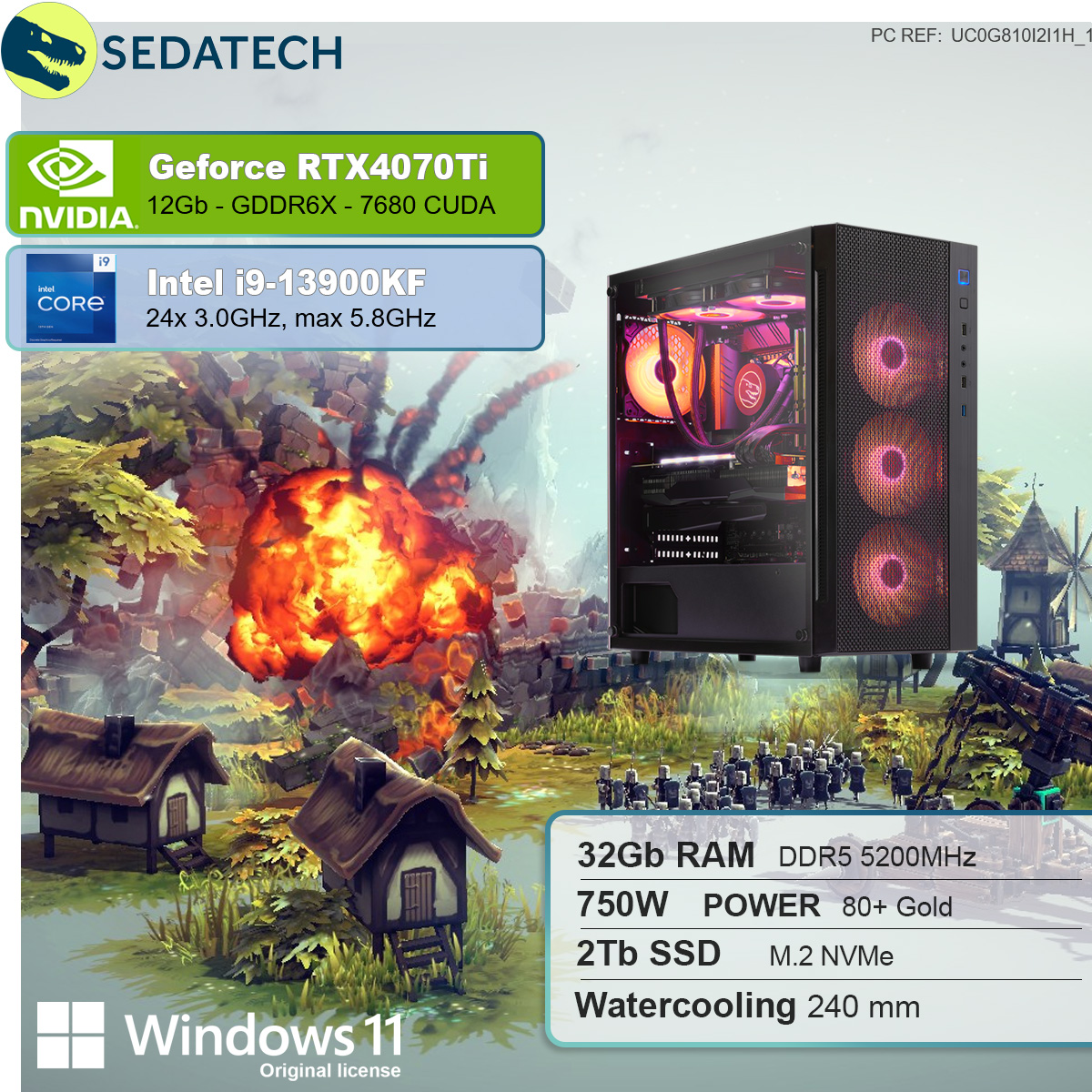 RTX™ SEDATECH Windows i9 2000 GB 32 i9-13900KF GeForce Wasserkühlung, mit Intel® 12 Ti, Prozessor, Home SSD, GB 11 GB Intel PC mehrsprachig, mit Gaming NVIDIA Core™ 4070 RAM,
