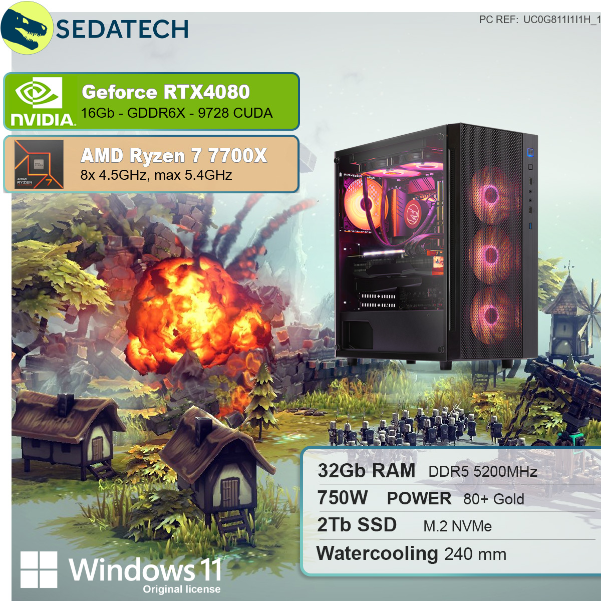 SEDATECH AMD Ryzen 2000 AMD GeForce Windows SSD, mehrsprachig, mit Home 11 GB 7 PC NVIDIA Wasserkühlung, Prozessor, 16 RAM, 32 GB Ryzen™ GB Gaming 7 7700X 4080, RTX™ mit