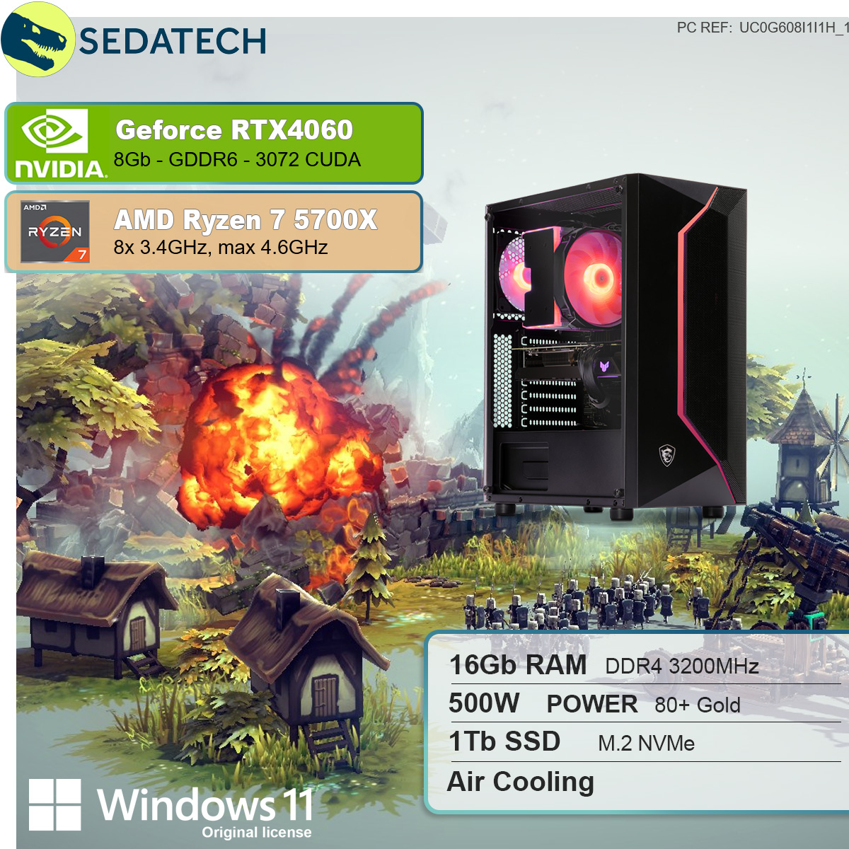 SEDATECH AMD Ryzen 7 mit GB GB GB Prozessor, GeForce Home 1000 11 Ryzen™ Windows RTX™ 7 NVIDIA 16 4060, PC Gaming AMD 8 mehrsprachig, 5700X, SSD, RAM