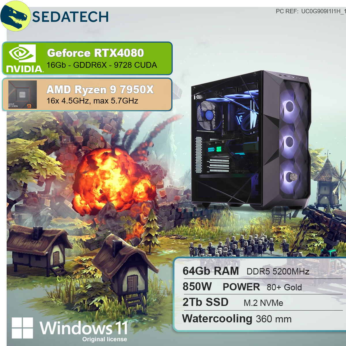 NVIDIA RTX™ 4080, Wasserkühlung, mit 7950X mit 16 Windows 9 mehrsprachig, Home 9 Gaming AMD 64 GB AMD Ryzen™ RAM, Prozessor, GB SSD, PC Ryzen 11 2000 SEDATECH GB GeForce