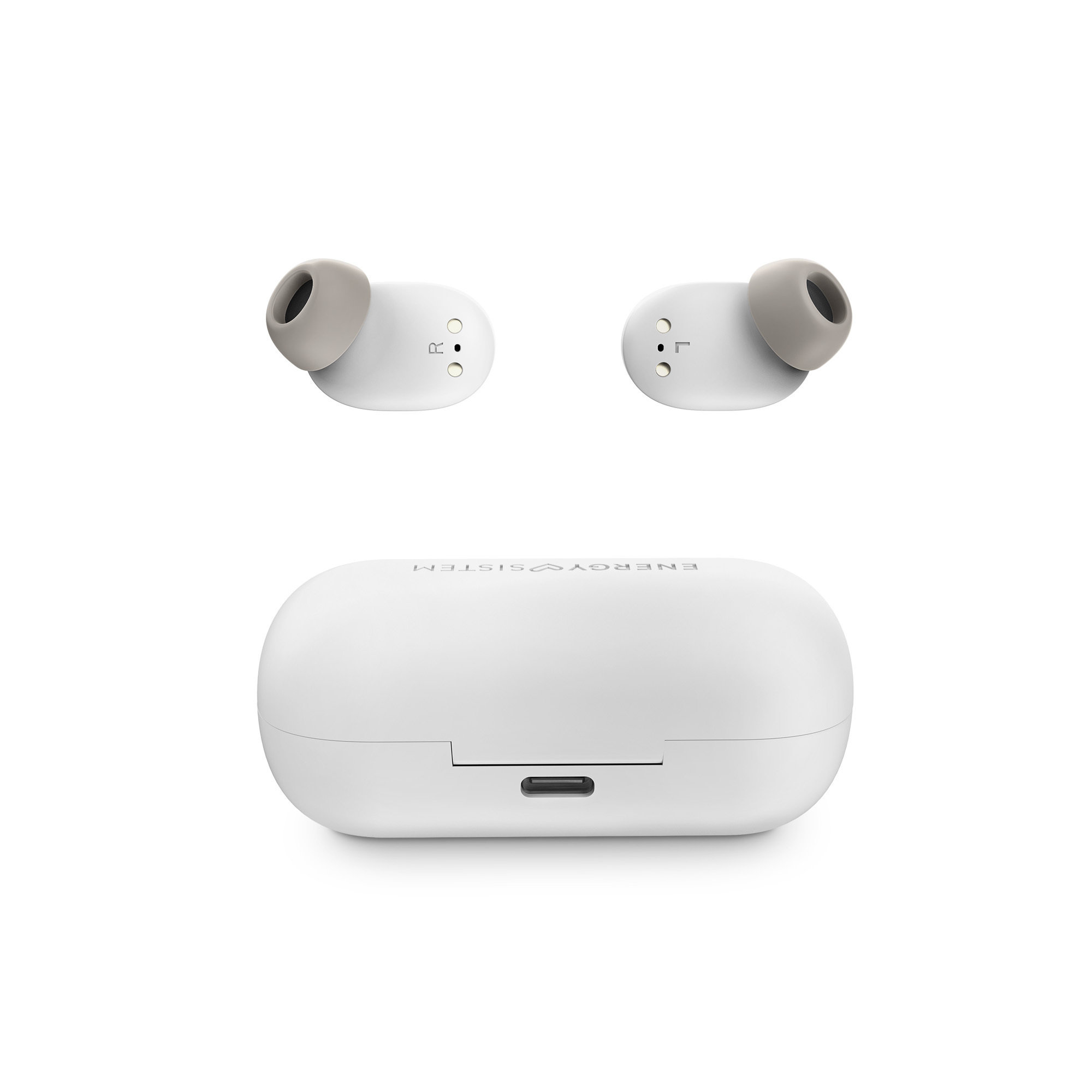 Auricolari e custodia bianchi su sfondo bianco. Gli auricolari sono grigi e bianchi.