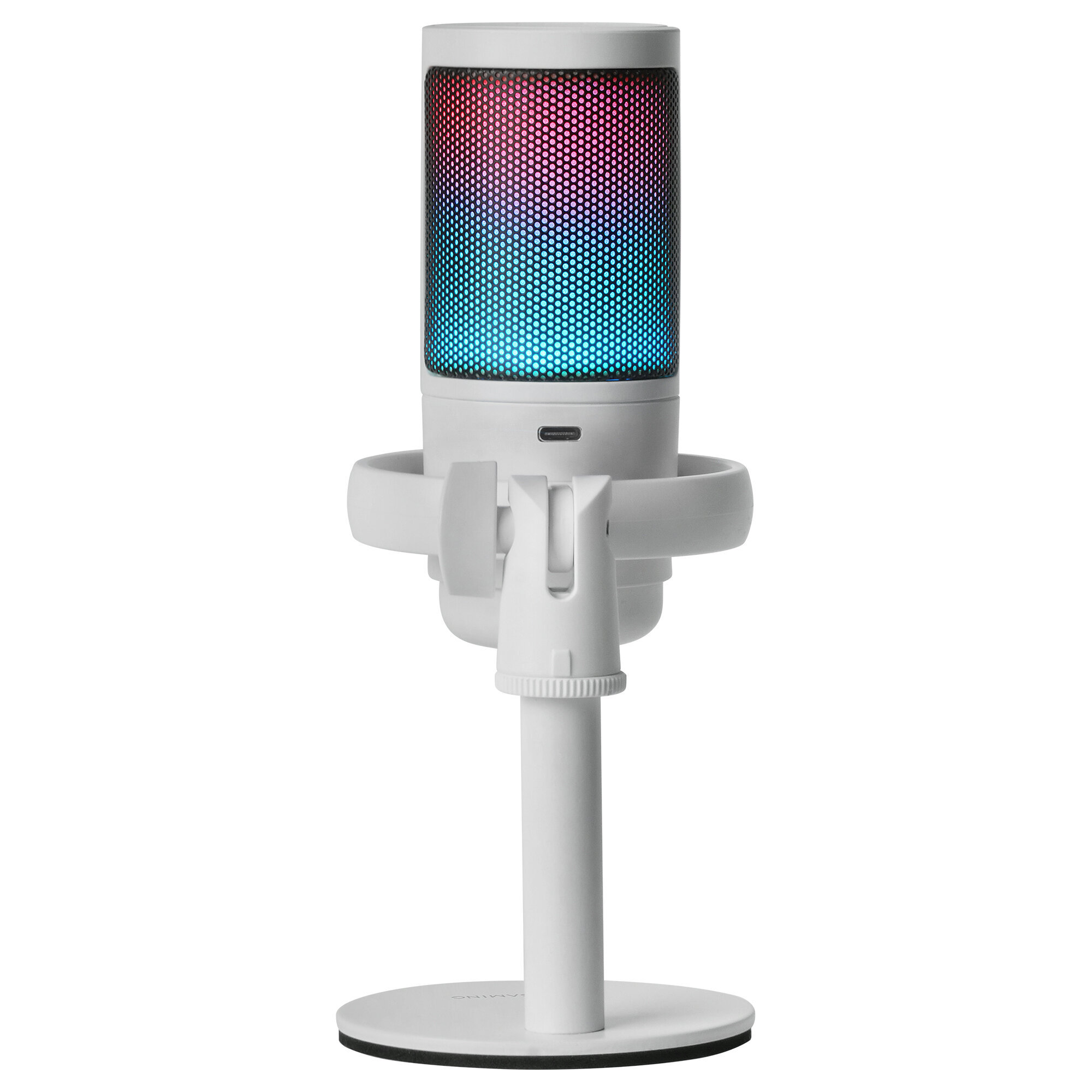 Un micrófono blanco sobre un soporte blanco, con una parte superior de malla iluminada y colorida.