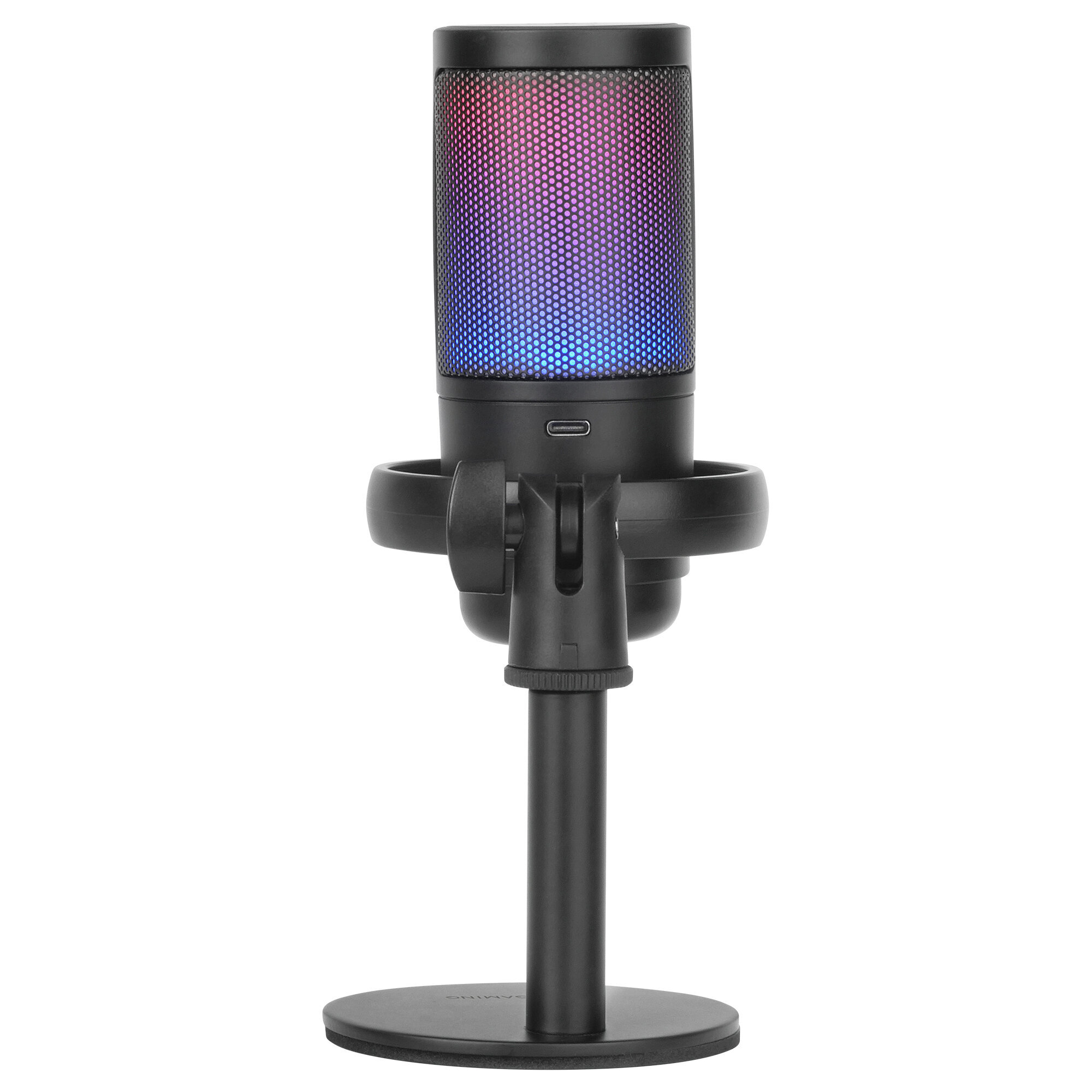 Micrófono negro en un soporte, con una cabeza de malla colorida e iluminada.
