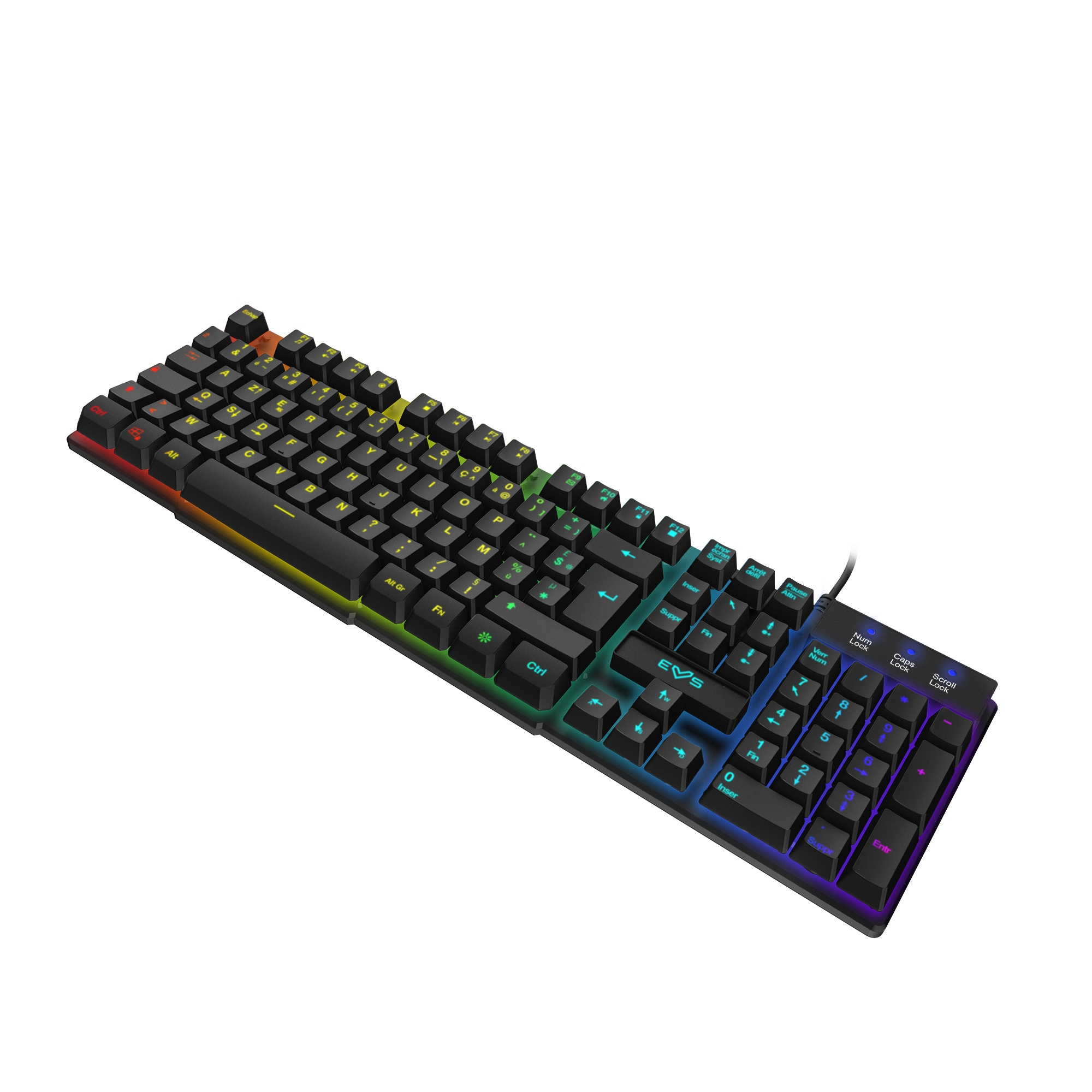 Teclado negro con luces arcoíris. Múltiples teclas, teclado numérico a la derecha. Fondo blanco.