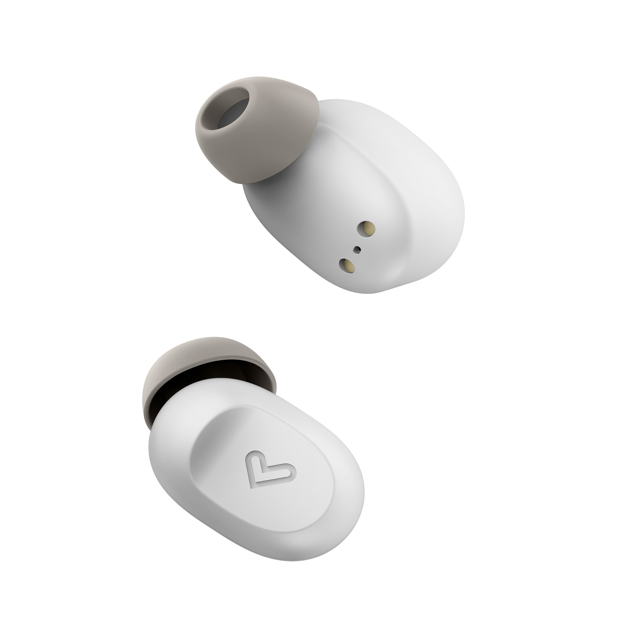 Due auricolari bianchi con punte grigie. Sono su uno sfondo bianco. Quello a sinistra ha un logo.