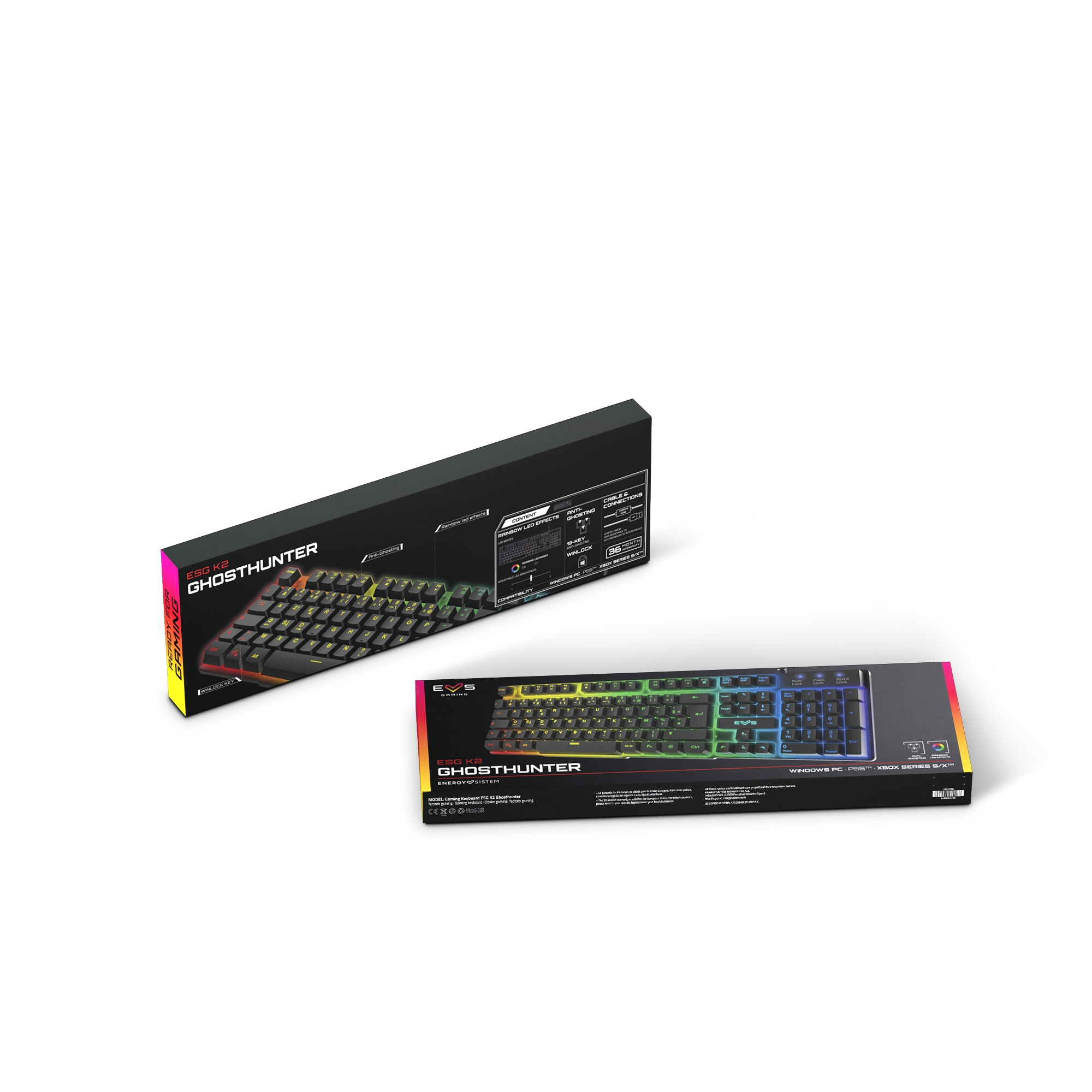 Dos cajas de teclado sobre blanco. Una abierta, mostrando el teclado, la otra cerrada.
