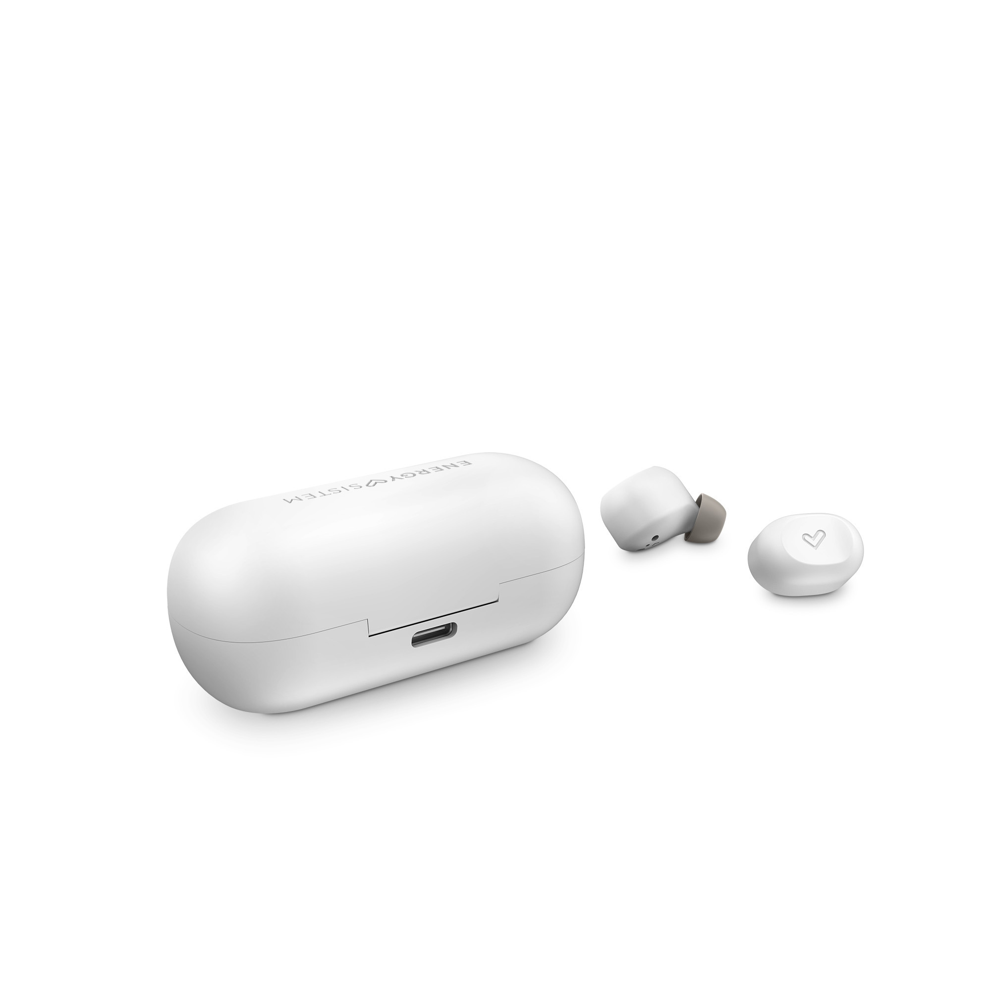 Auricolari bianchi e custodia di ricarica su sfondo bianco. Un auricolare separato.