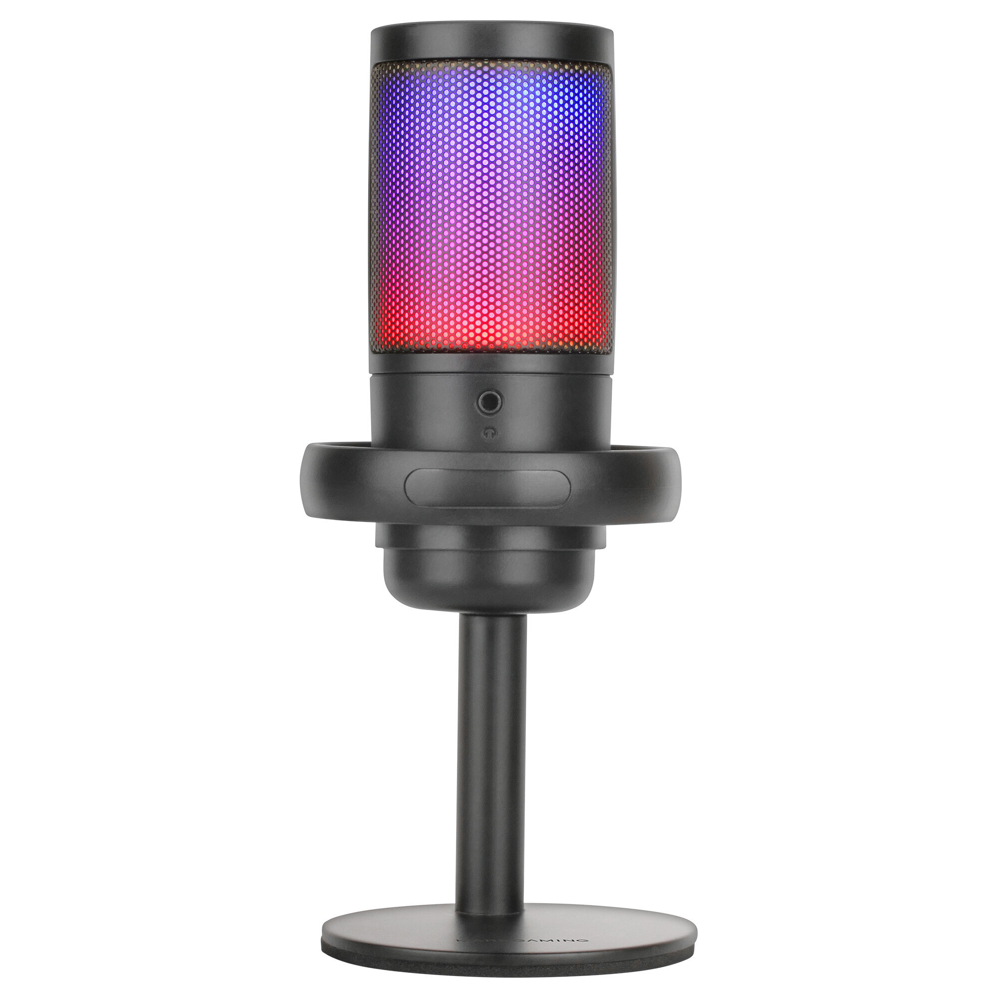 Micrófono negro con luces de colores, sobre un soporte.