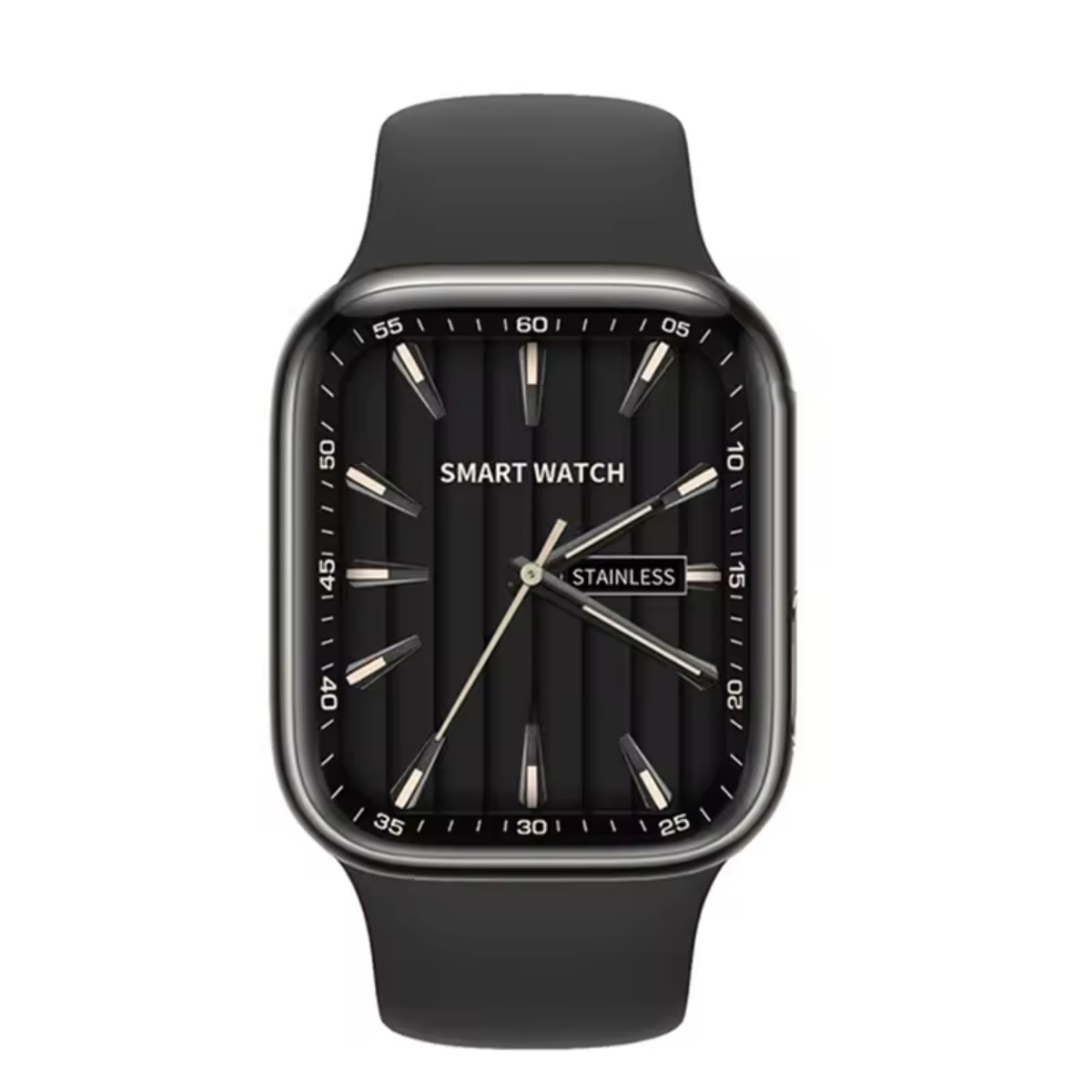 Un reloj inteligente negro con correa negra. La esfera muestra la hora.