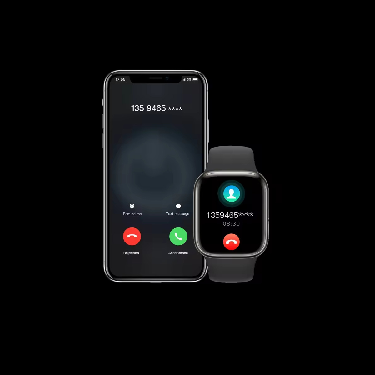 Smartphone mostrando una llamada a un número y un smartwatch con la misma llamada.
