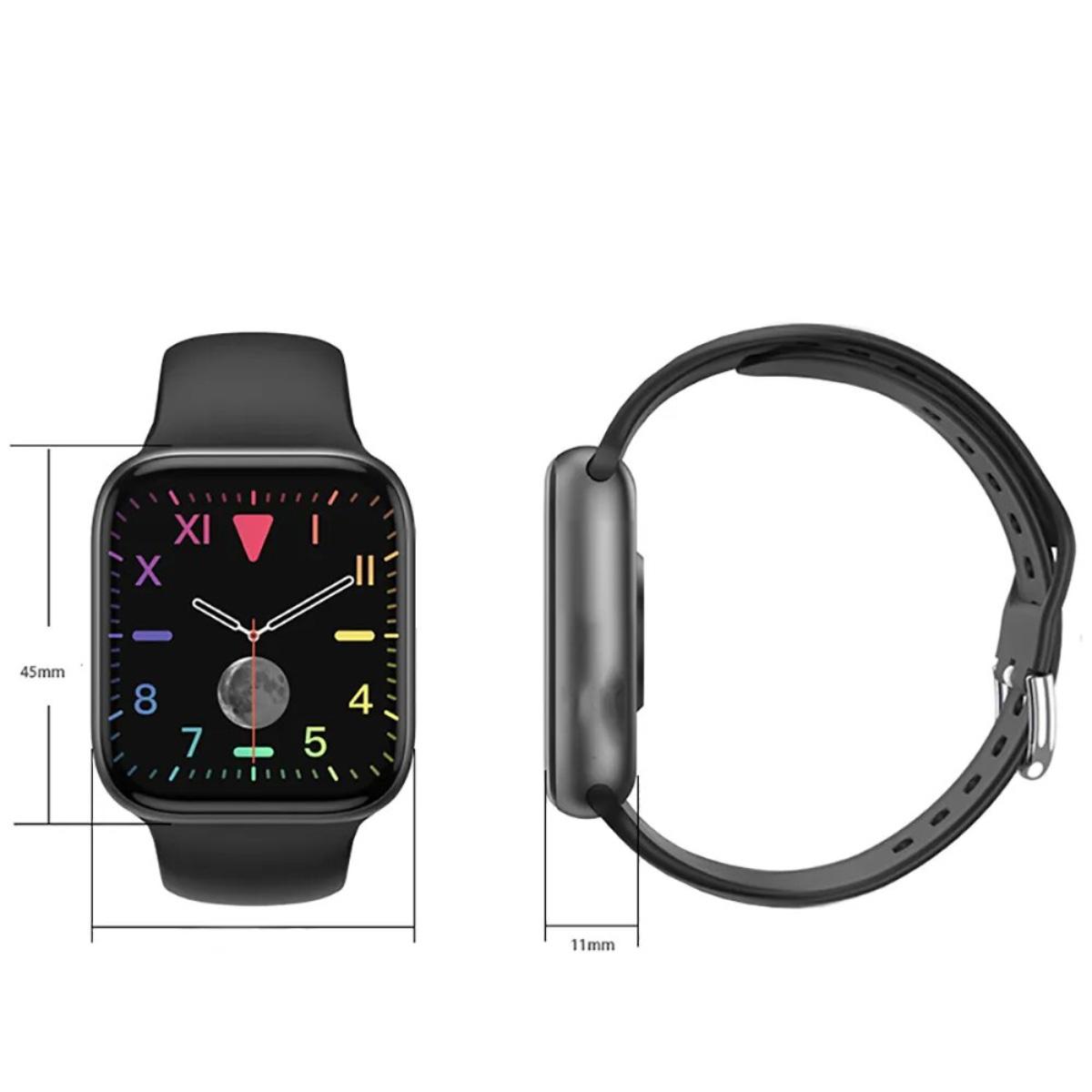 Un reloj inteligente negro con esfera cuadrada que muestra un reloj, vistas laterales y trasera.