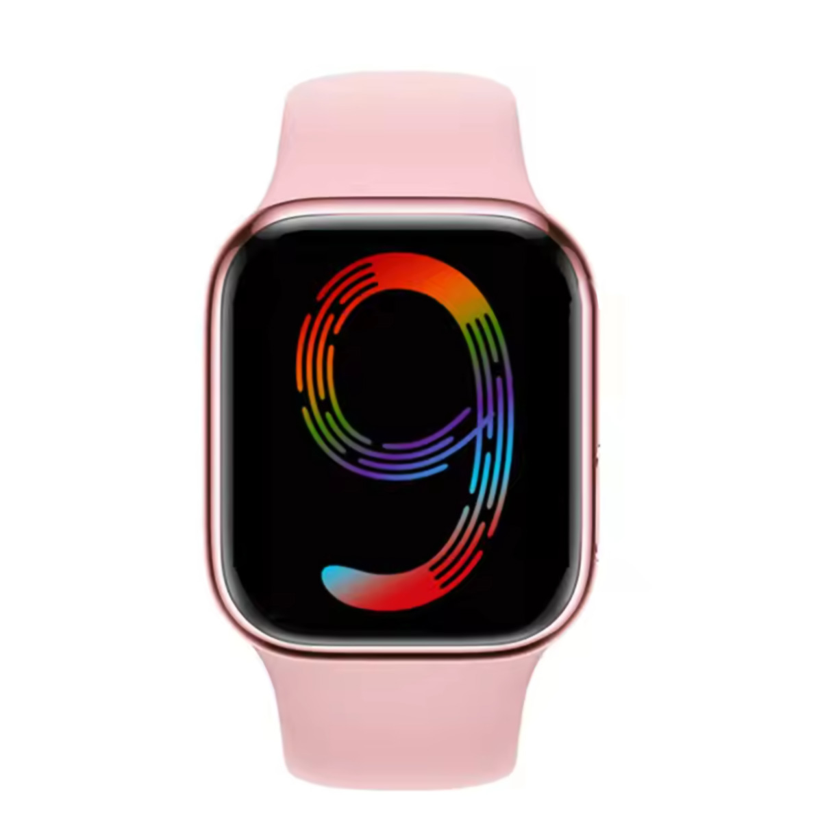 Un reloj inteligente rosa con correa rosa. La esfera muestra un diseño colorido.
