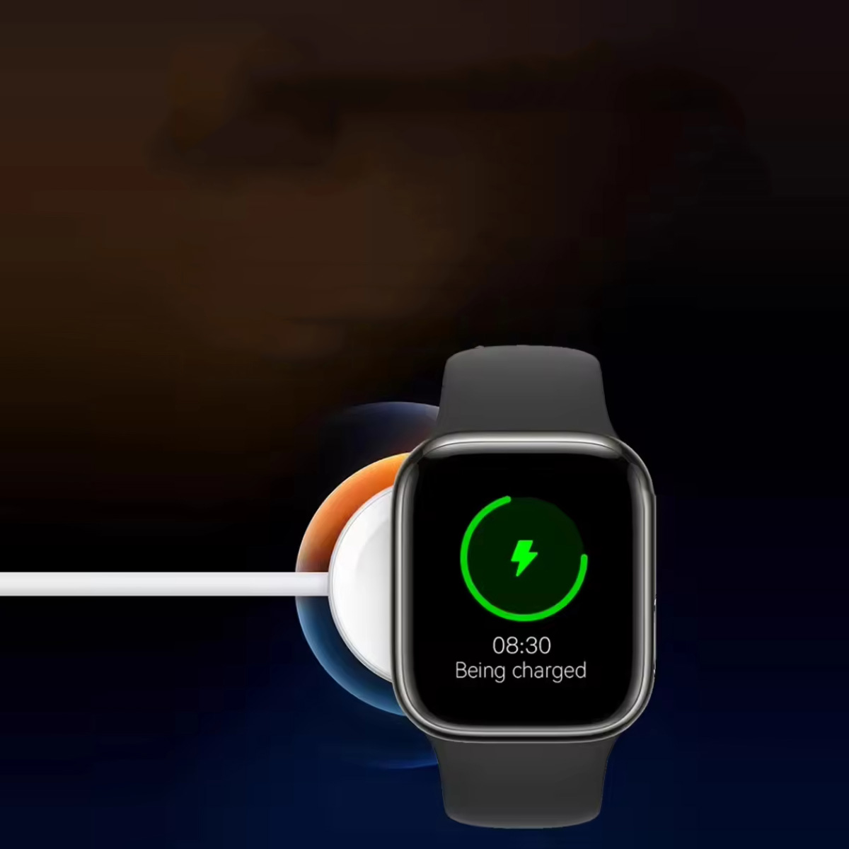 Smartwatch cargándose en un cargador inalámbrico.