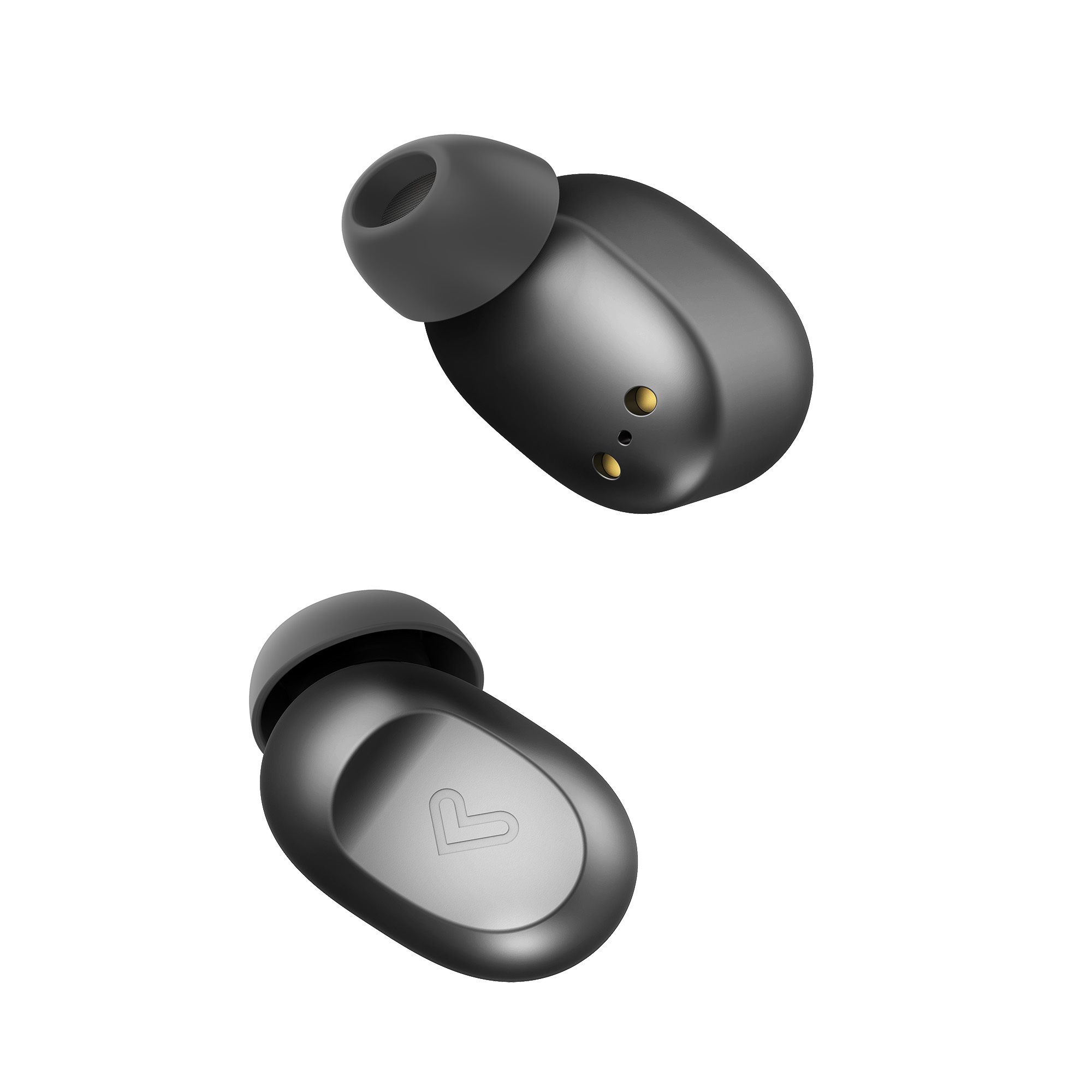 Dos auriculares inalámbricos negros sobre un fondo blanco. Uno muestra el logotipo de la marca.
