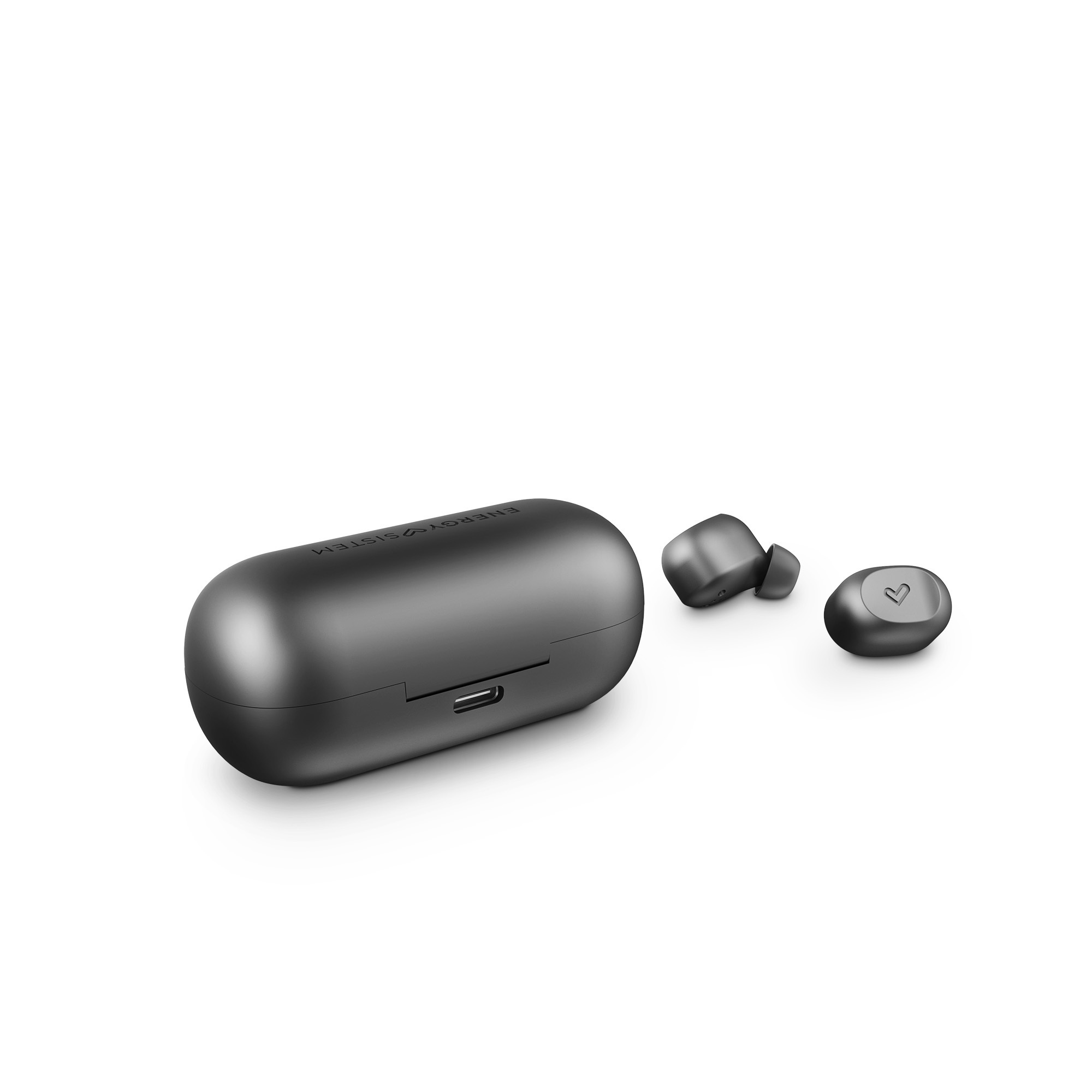 Auriculares inalámbricos negros y estuche de carga sobre fondo blanco. Los auriculares están junto al estuche.