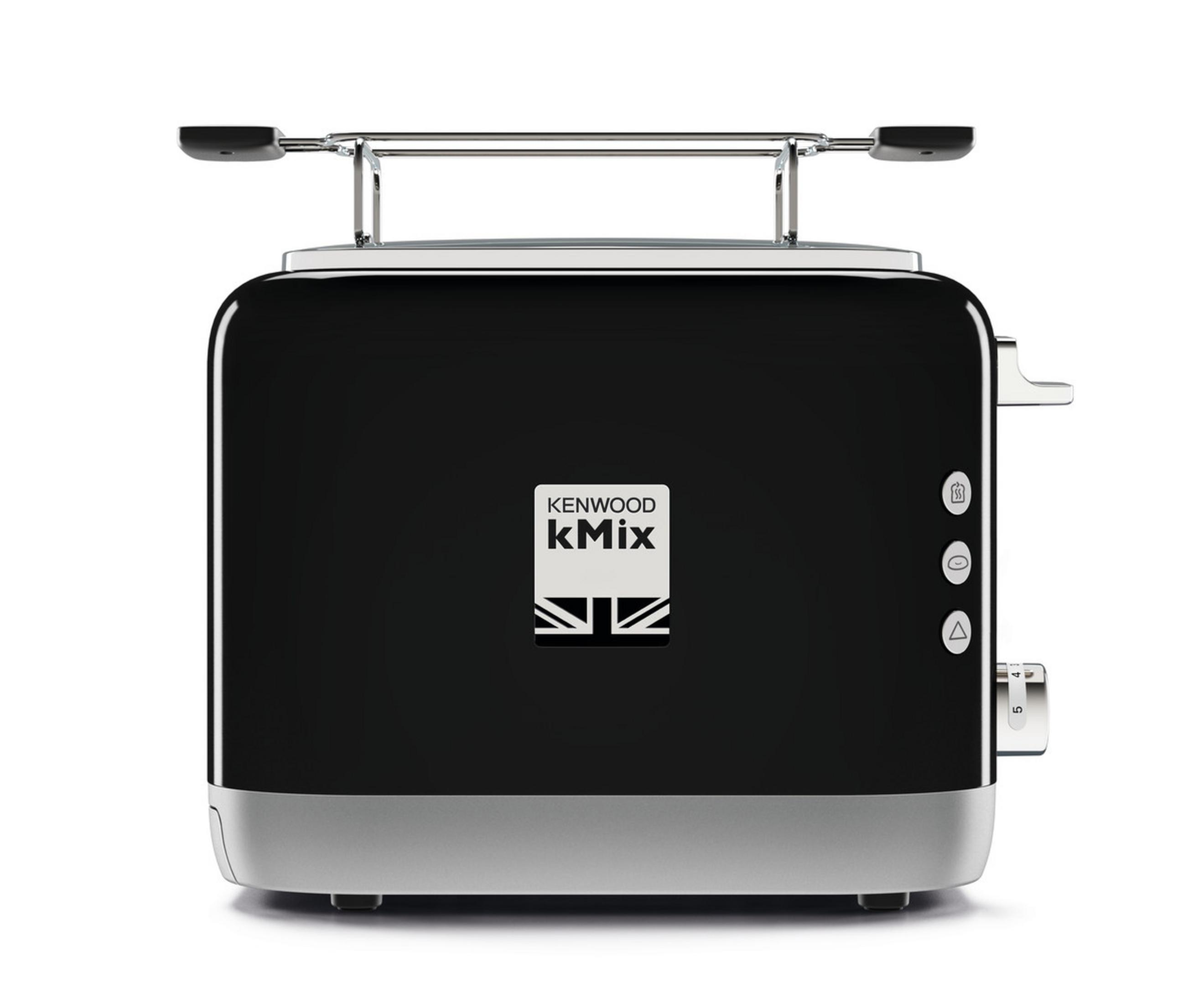 Czarny i srebrny toster. Nazwa marki i logo z przodu.