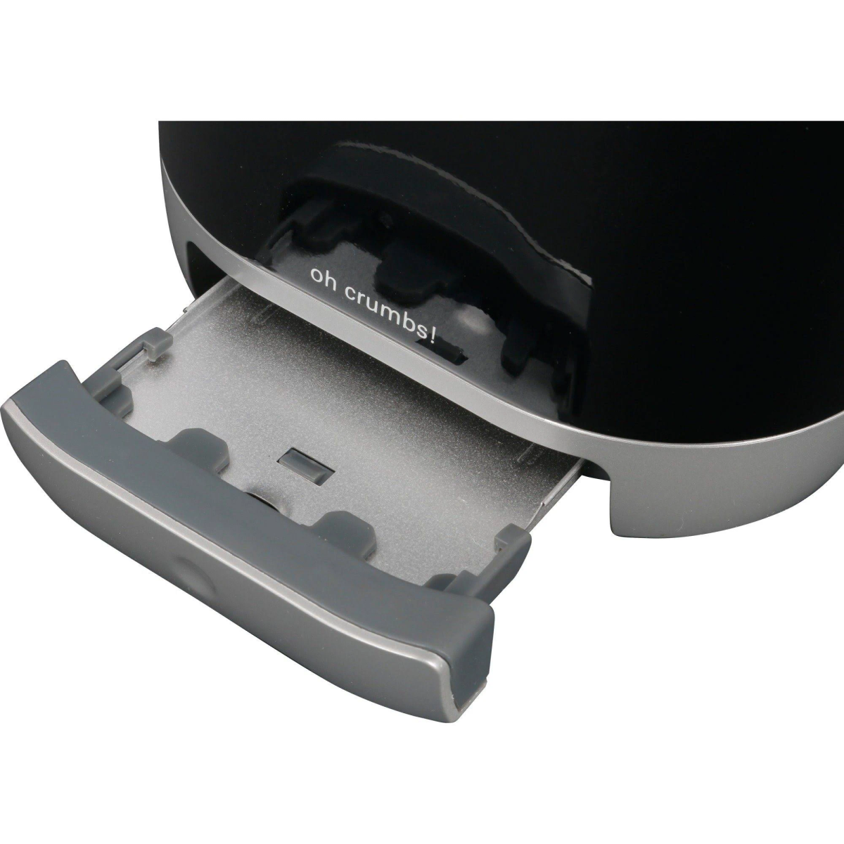 Toster z wysuniętą szufladą na okruchy, pokazujący frazę 'oh crumbs!'.