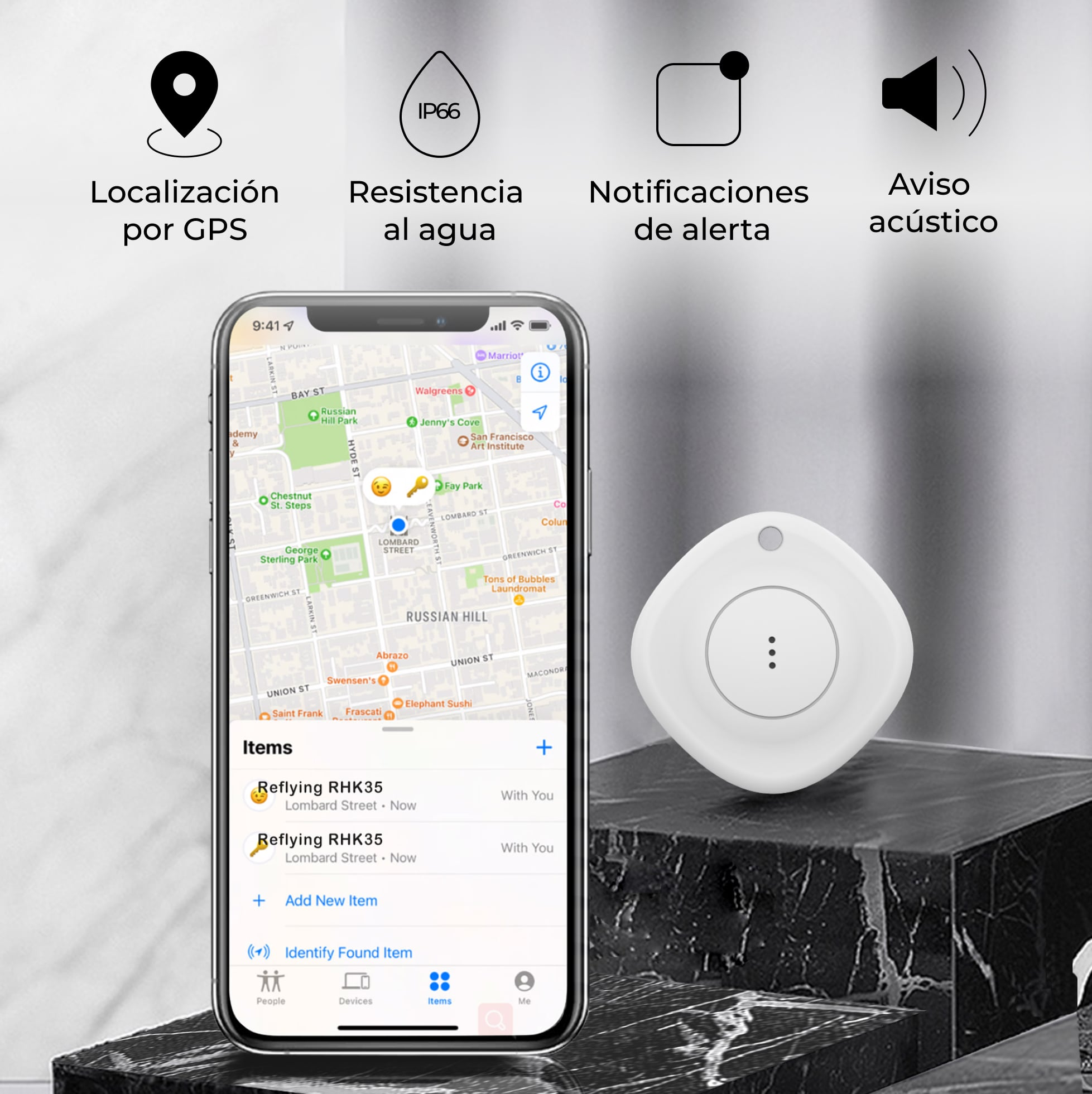 Teléfono con ubicación GPS, resistencia al agua, notificación de alerta y alerta de audio. El teléfono muestra un mapa.