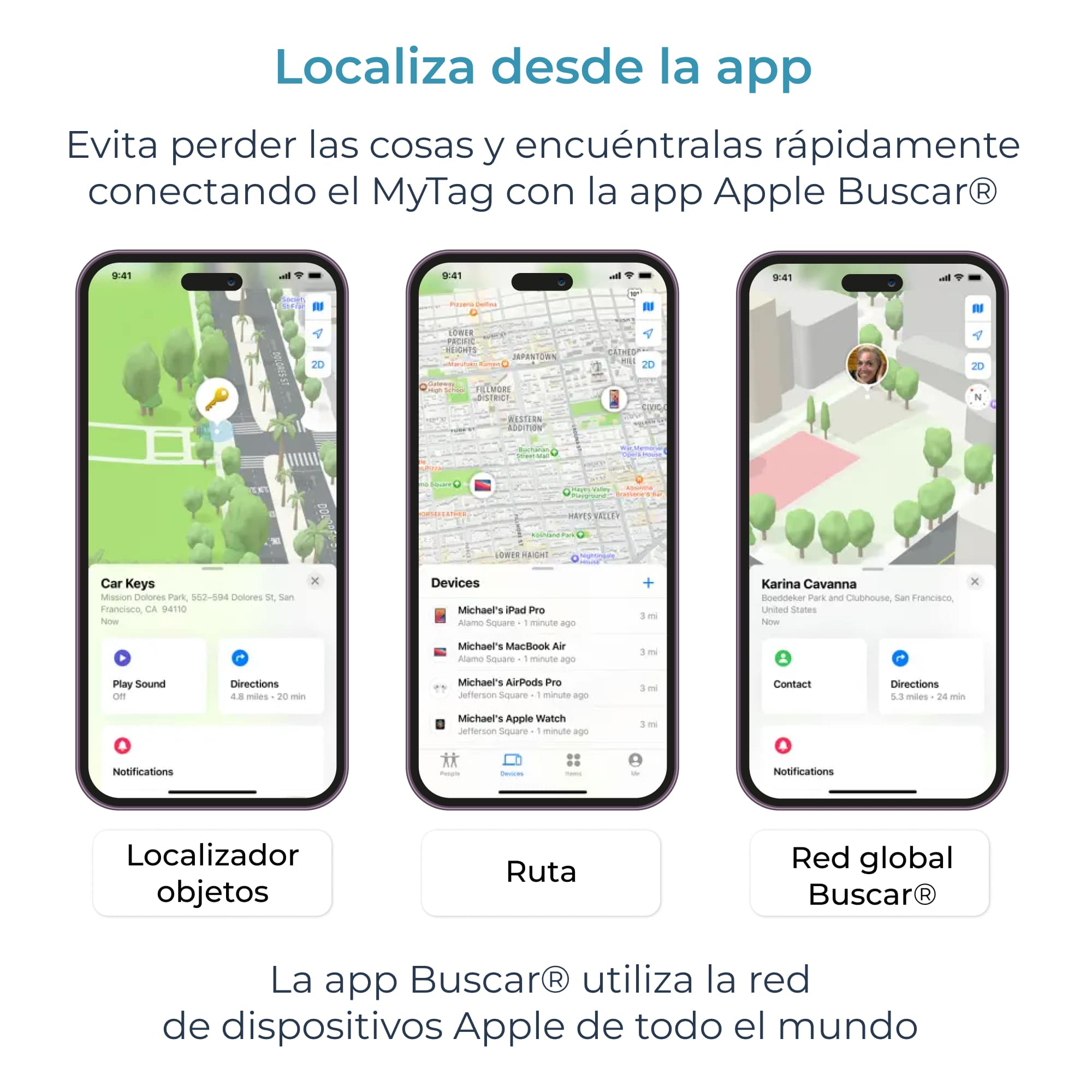 Tres pantallas de teléfono mostrando una interfaz de mapa, rastreo de ubicación con Apple Buscar.