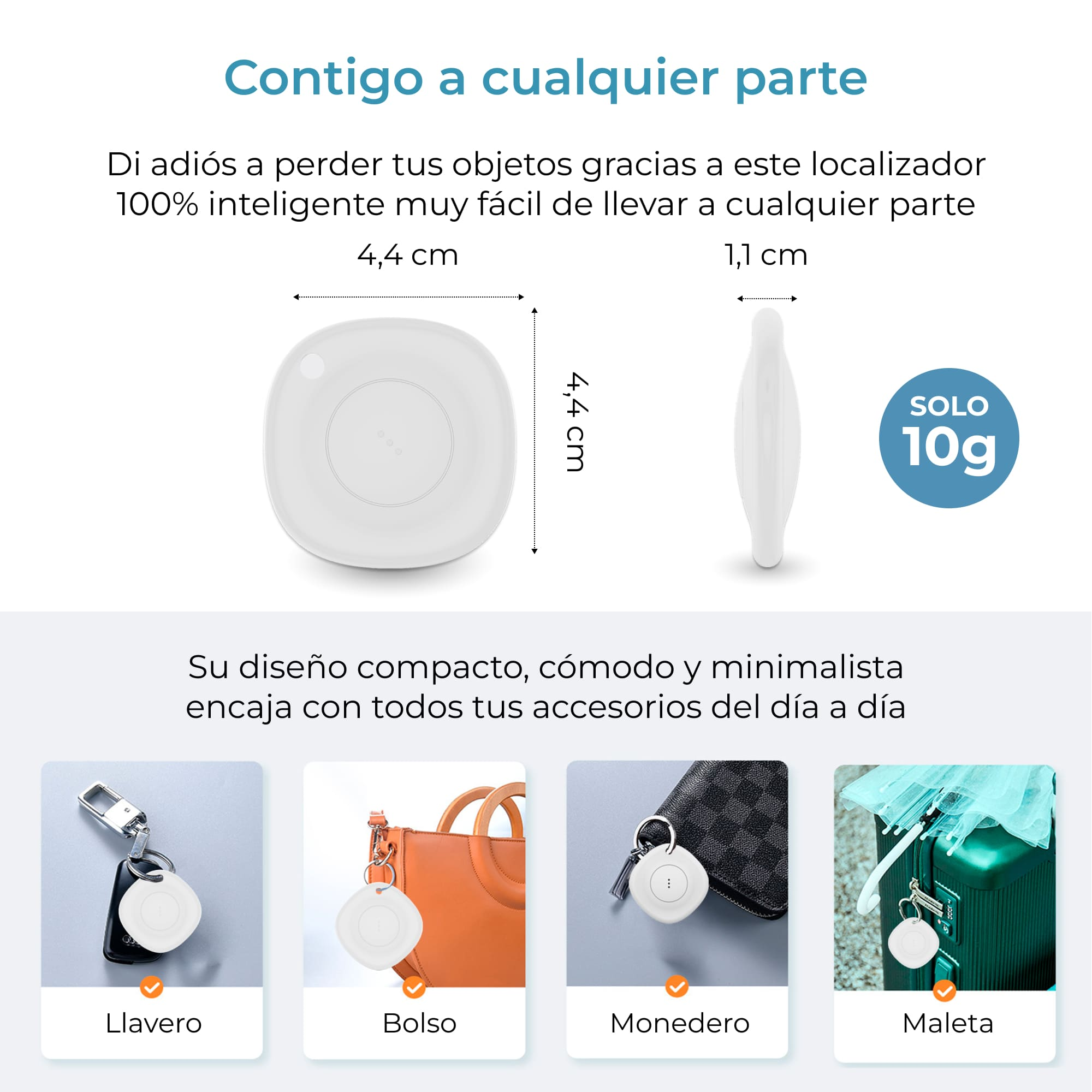 Rastreador inteligente blanco con texto, ejemplos: llavero, bolso, cartera, maleta. Todo sobre fondo azul claro.