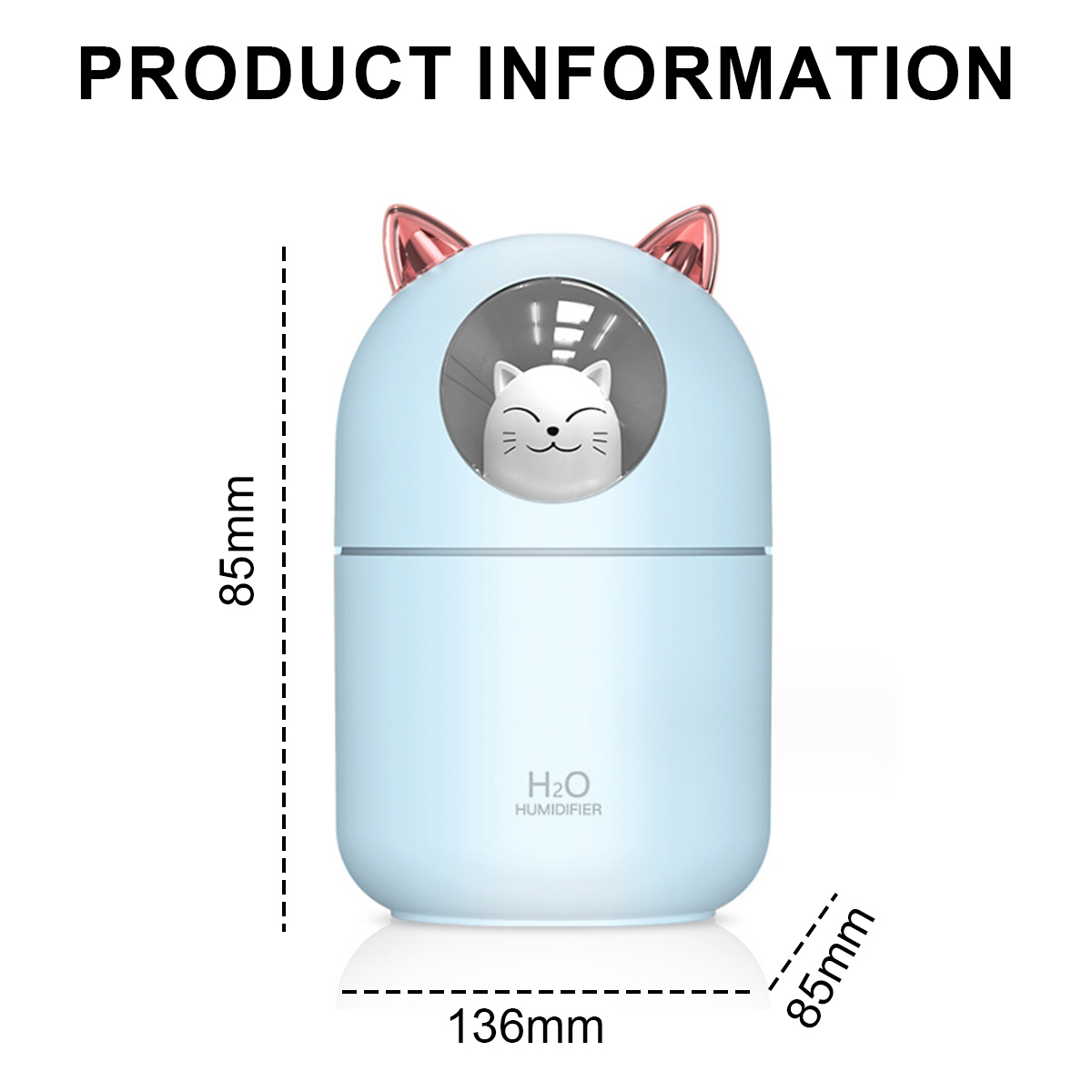 Blauer Luftbefeuchter mit Katzendesign. Maße: 136mm x 85mm x 85mm. Text: H2O HUMIDIFIER.