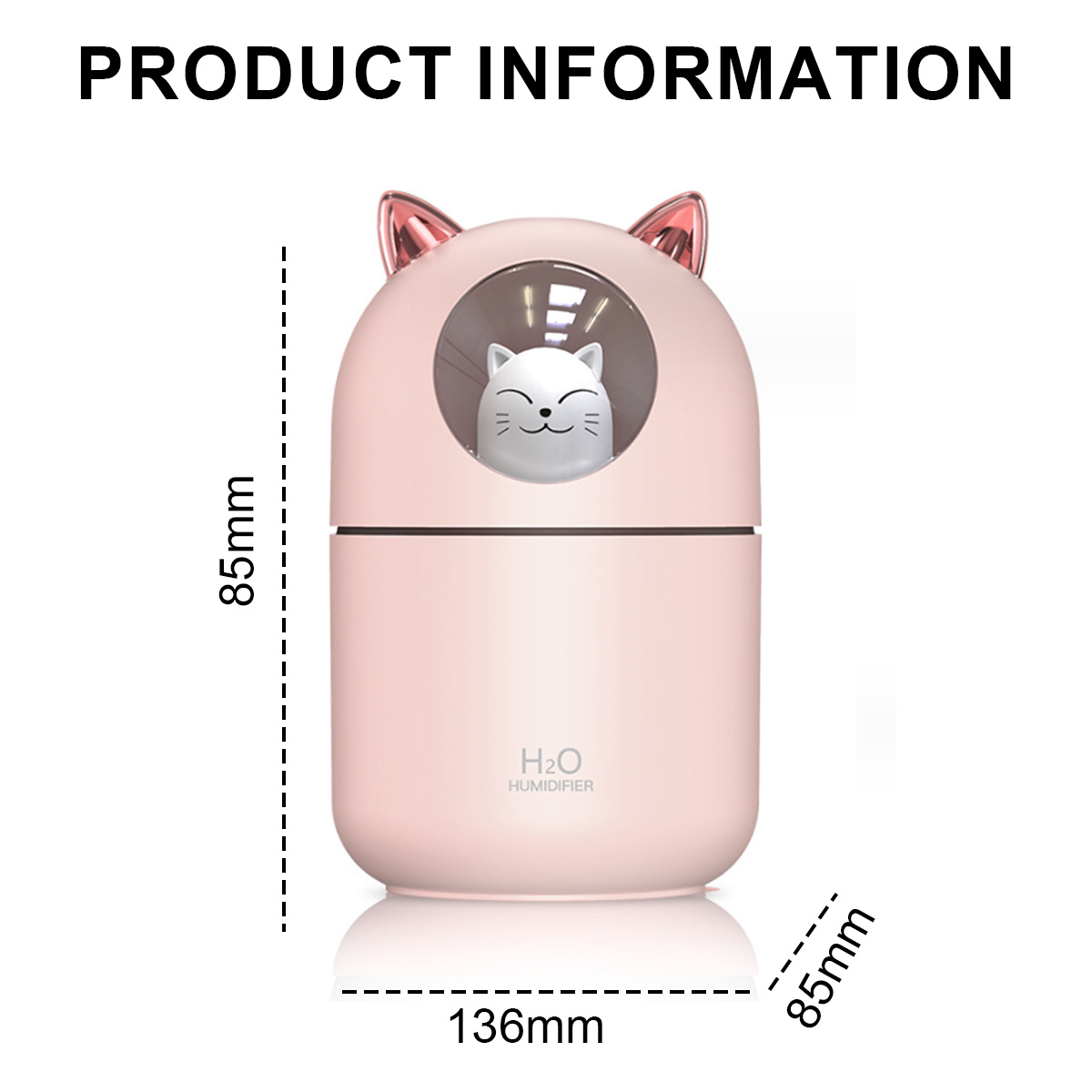 Rosa katzenförmiger Luftbefeuchter. Es hat ein Katzengesicht, und die Abmessungen sind angegeben: 136 mm x 85 mm x 85 mm.