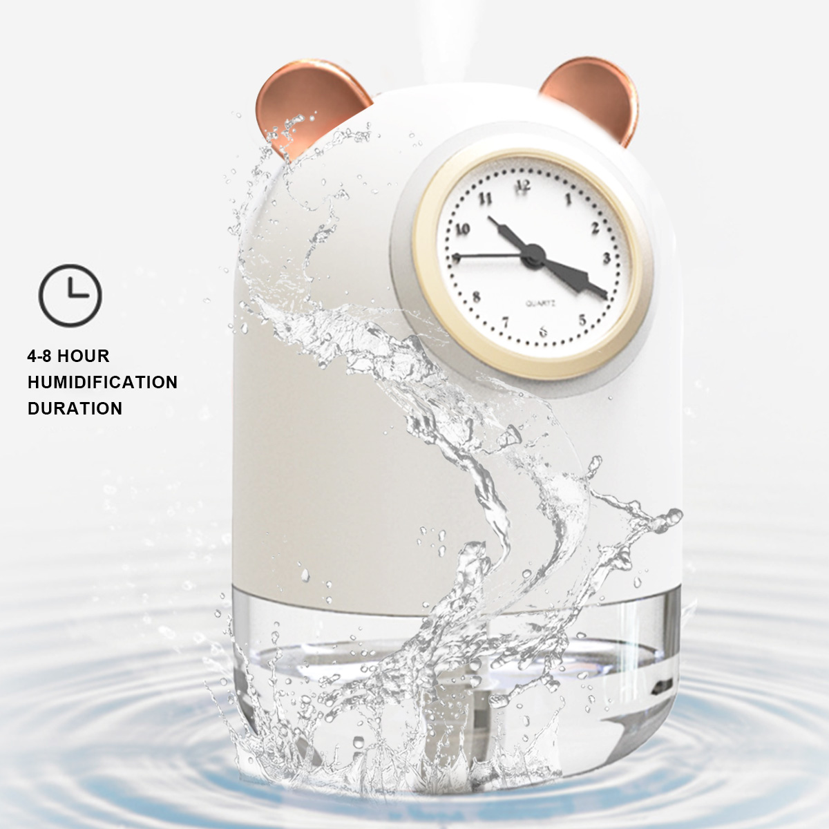 Weißer Luftbefeuchter mit Bärenohren und Uhr. Wasser spritzt um die Basis. Weißer Hintergrund.