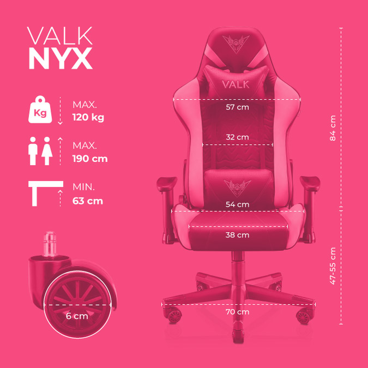 Silla gamer con dimensiones y detalles de peso. De color rosa y negro.