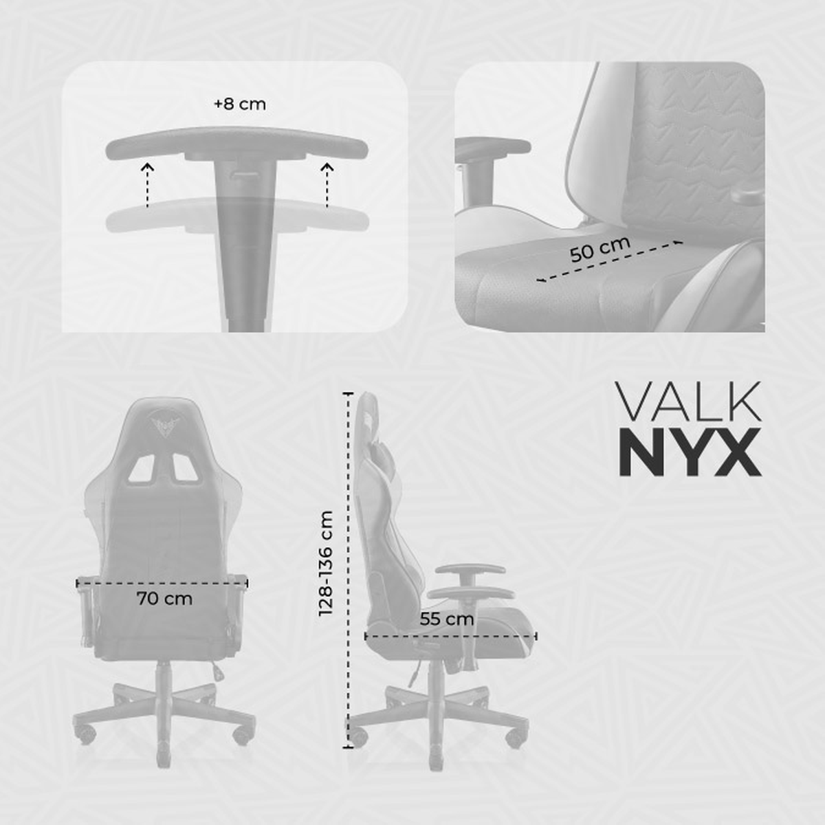 Diagrama que muestra las dimensiones de la silla gaming, medidas en cm.