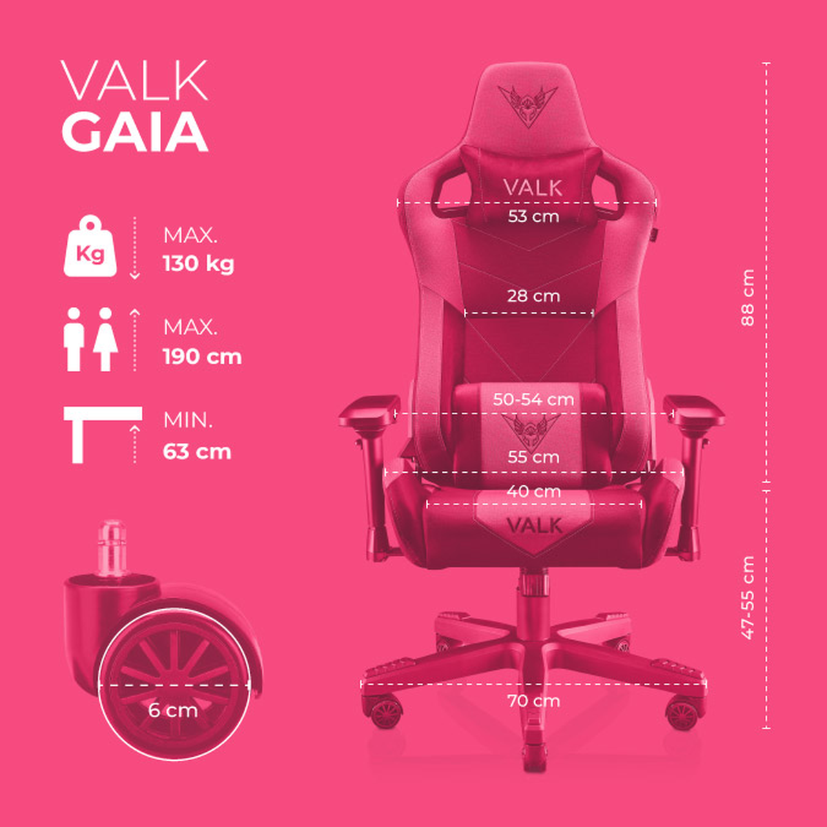 Silla gaming rosa con dimensiones etiquetadas. Incluye rueda y diagrama de altura de persona.