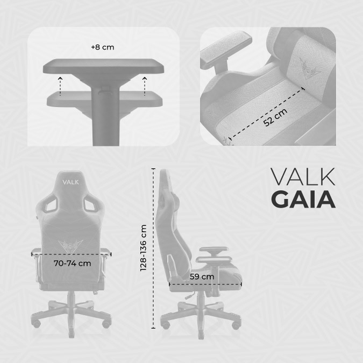 Diagrama de una silla gaming Valk Gaia, mostrando dimensiones y ángulos, con el logo Valk Gaia.