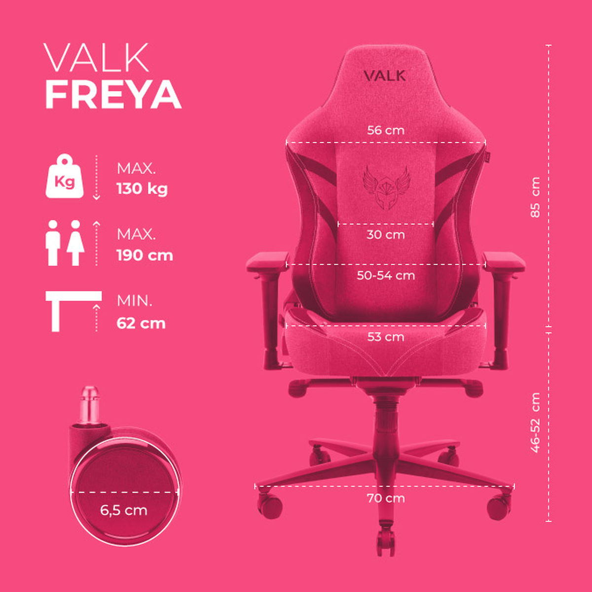 Una silla gaming rosa y negra con dimensiones y un primer plano de la rueda, llamada VALK FREYA.