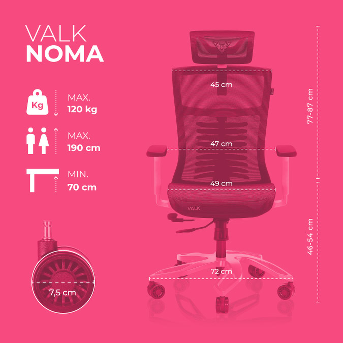 Silla de oficina con dimensiones. La silla es gris y rosa con medidas y texto.