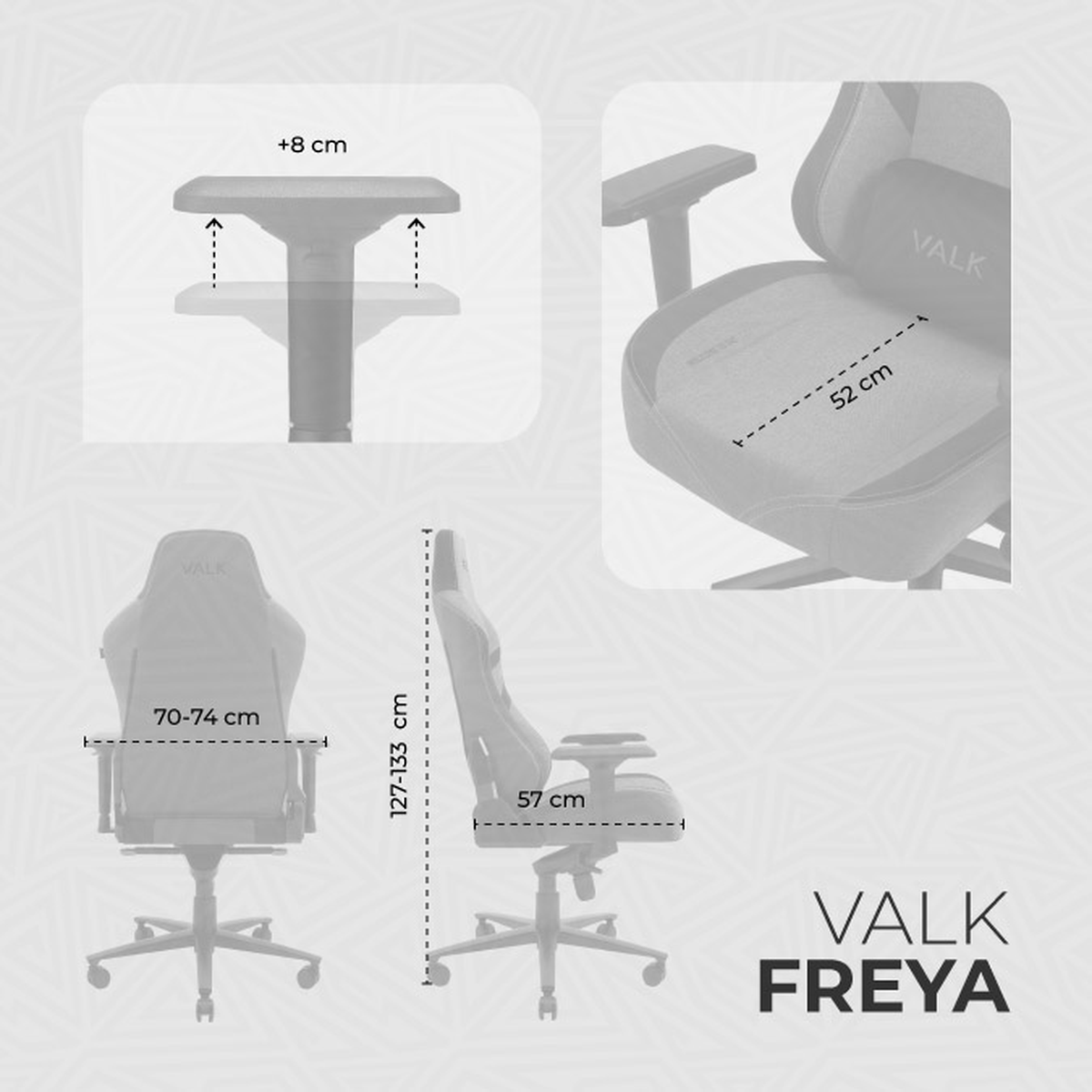Diagrama de una silla gaming Valk, mostrando dimensiones y puntos de ajuste.