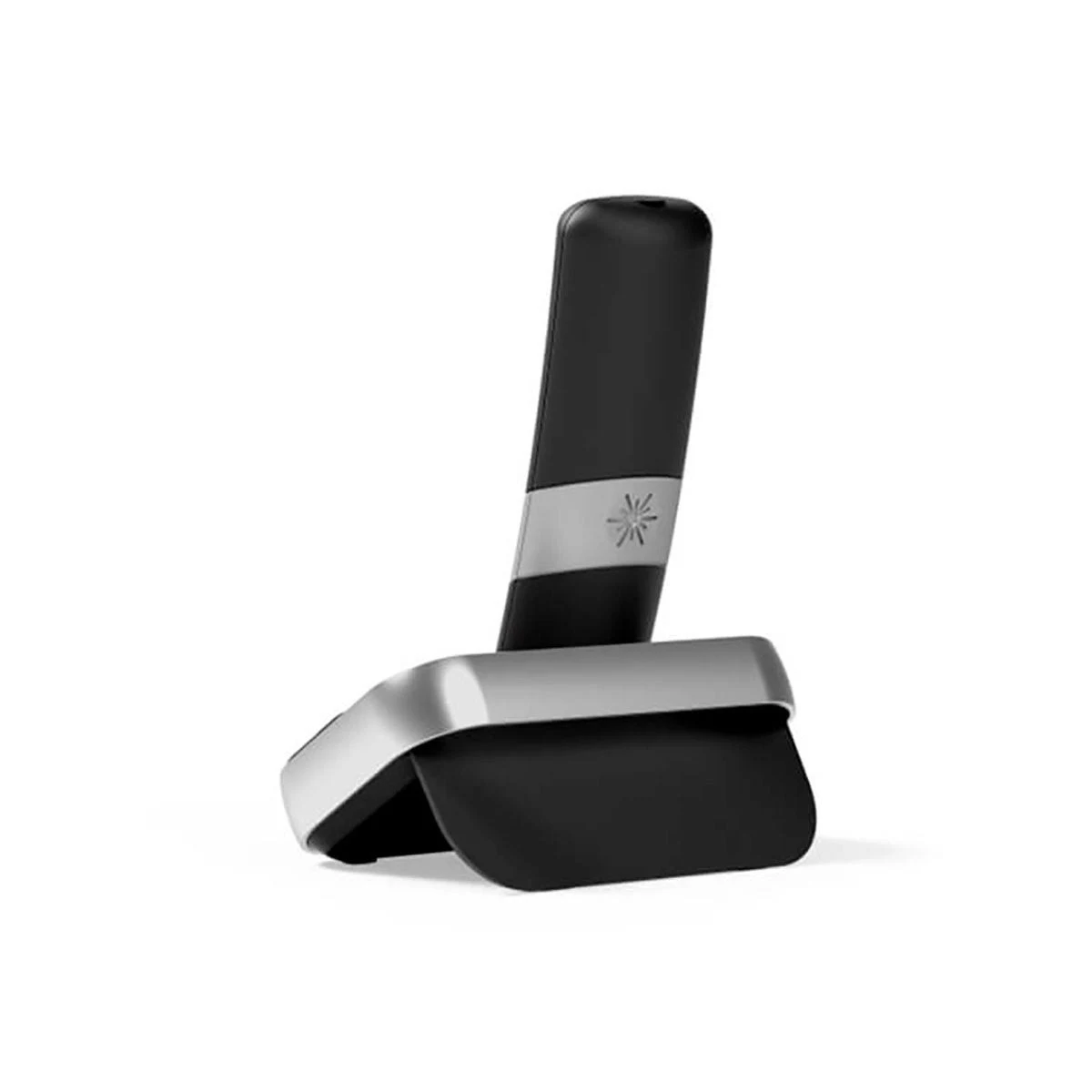 Un dispositivo negro y plateado, posiblemente un dispositivo doméstico inteligente, con un diseño elegante.